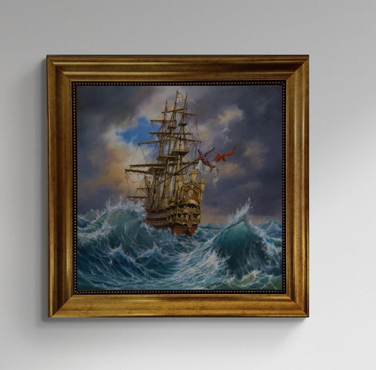 Sailing ship decor, Tallship Gliclée canvas hand finished premium print with brush strokes and golden vintageous frame looks like original FOSHE ART