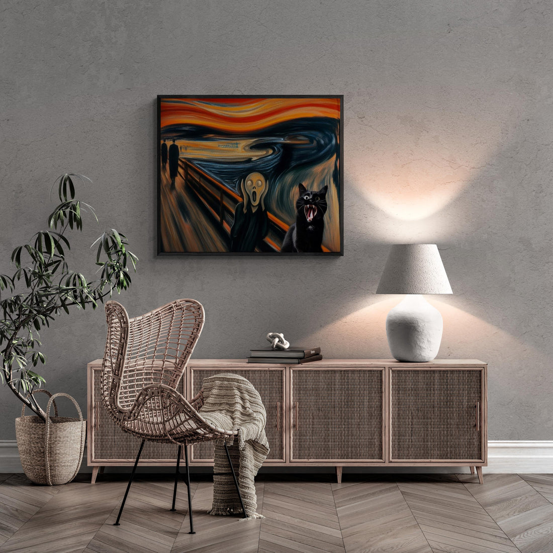 Feline Scream Art Print, Black Cat Edvard Munch Parody, Giclee or Canvas FOSHE ART