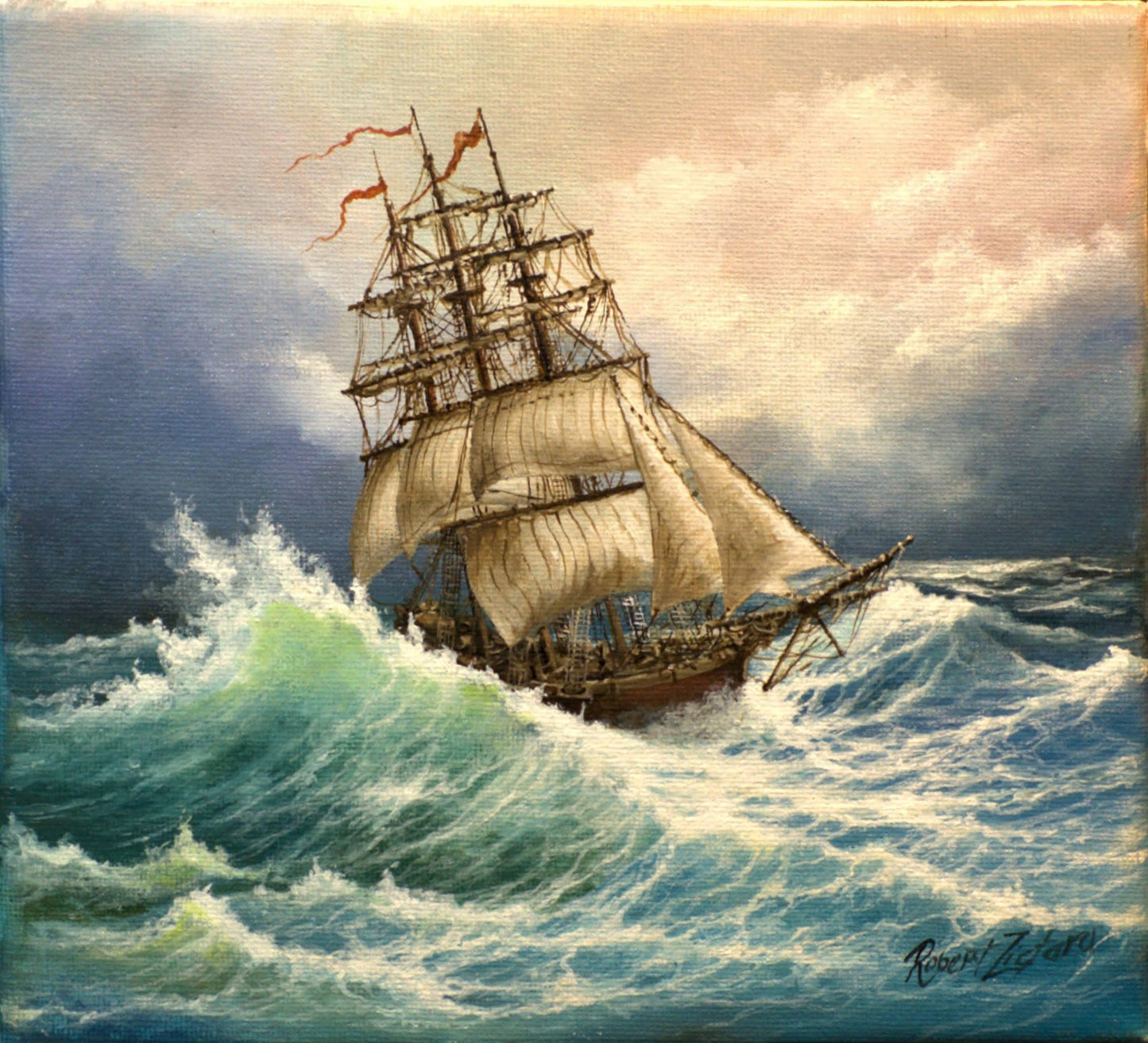 Voyage of the Valiant, Tall Ship Gliclée canvas hand finished premium print w brush strokes and golden vintageous frame looks like original FOSHE ART