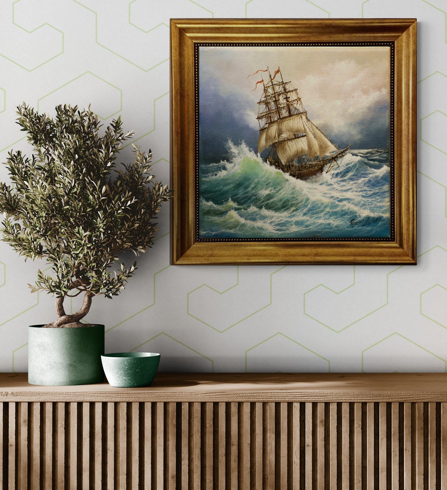 Voyage of the Valiant, Tall Ship Gliclée canvas hand finished premium print w brush strokes and golden vintageous frame looks like original FOSHE ART