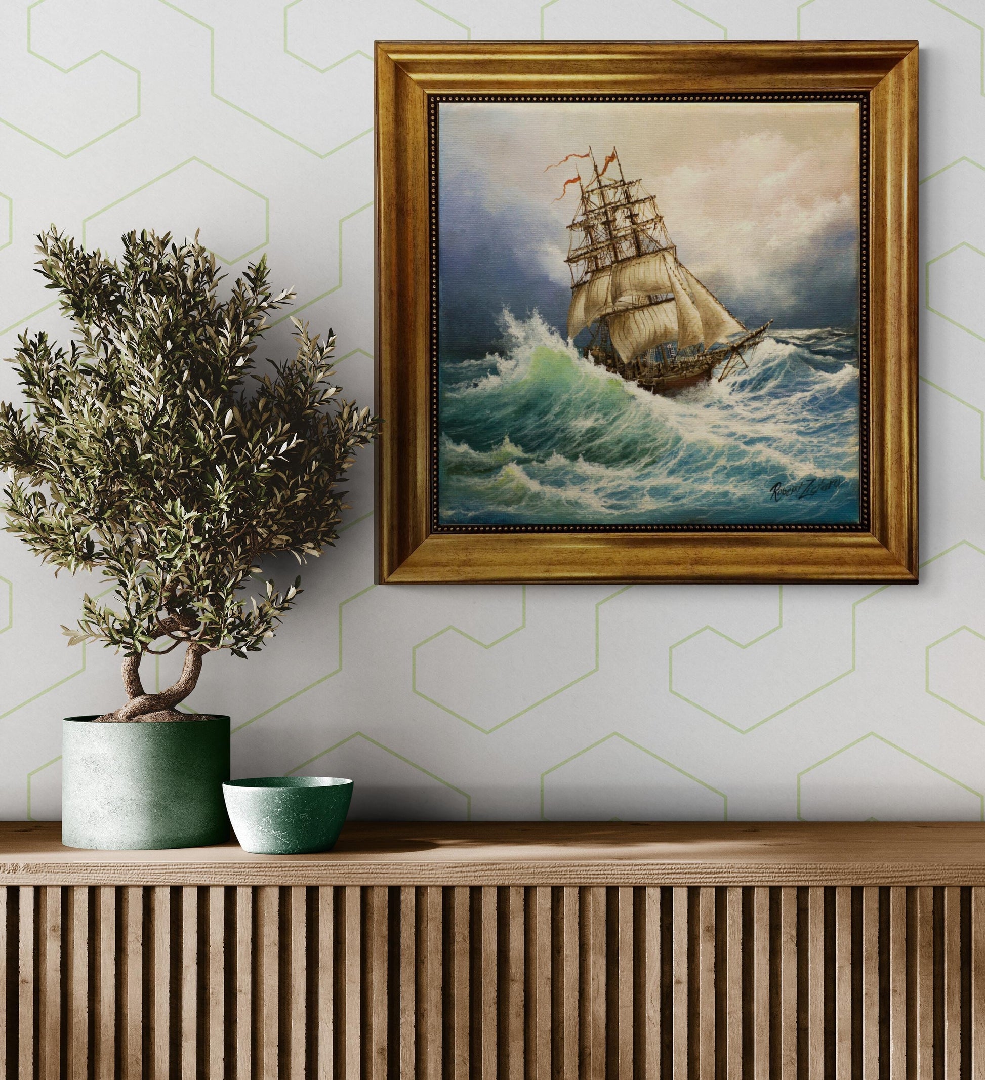 Voyage of the Valiant, Tall Ship Gliclée canvas hand finished premium print w brush strokes and golden vintageous frame looks like original FOSHE ART
