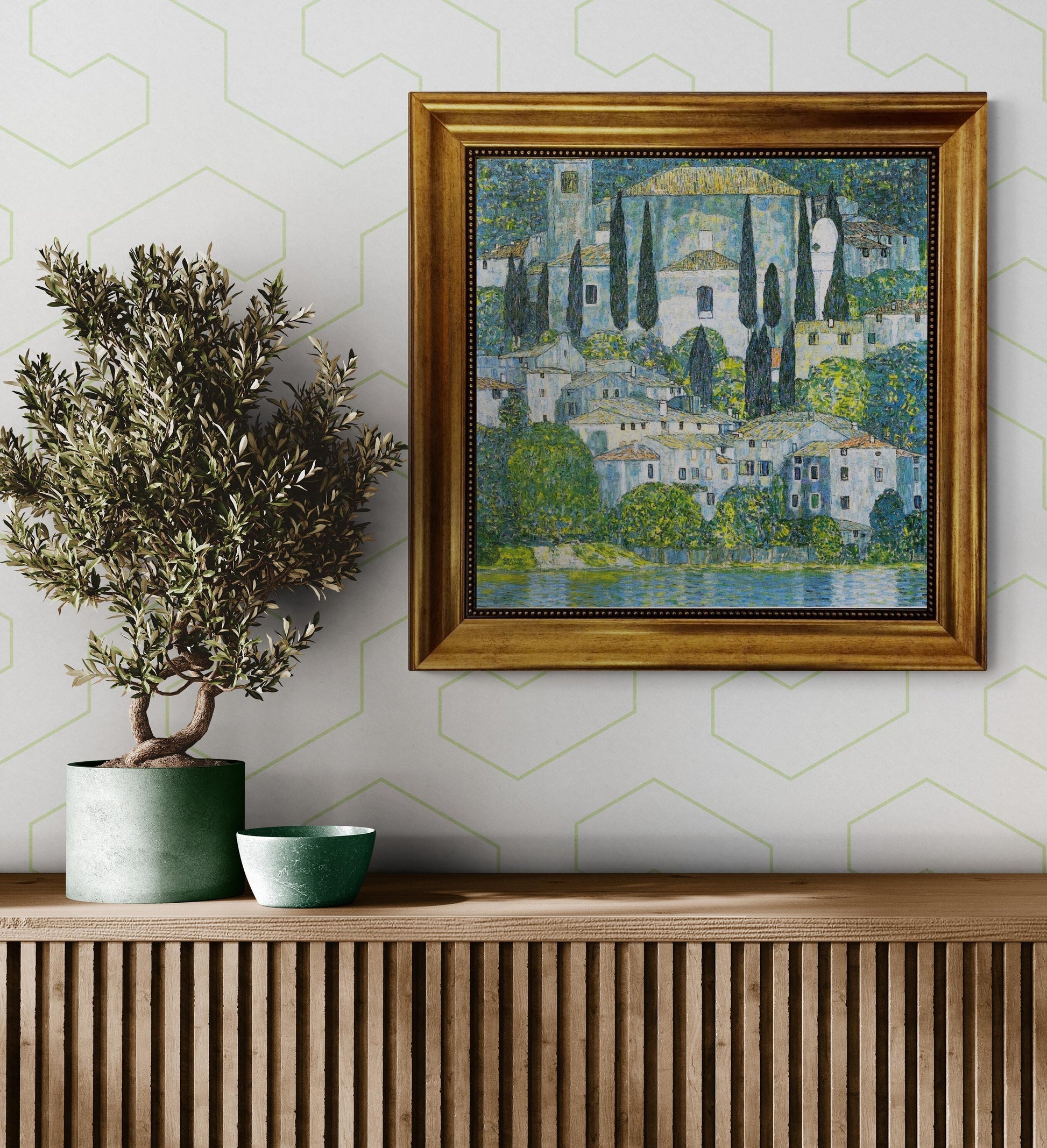 GUSTAV KLIMT Church in Cassone Gliclée canvas hand finished premium print with brush strokes and golden vintageous frame looks like original FOSHE ART