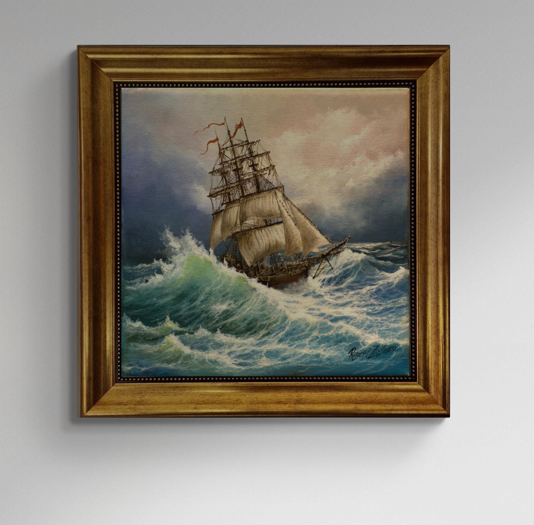 Voyage of the Valiant, Tall Ship Gliclée canvas hand finished premium print w brush strokes and golden vintageous frame looks like original FOSHE ART