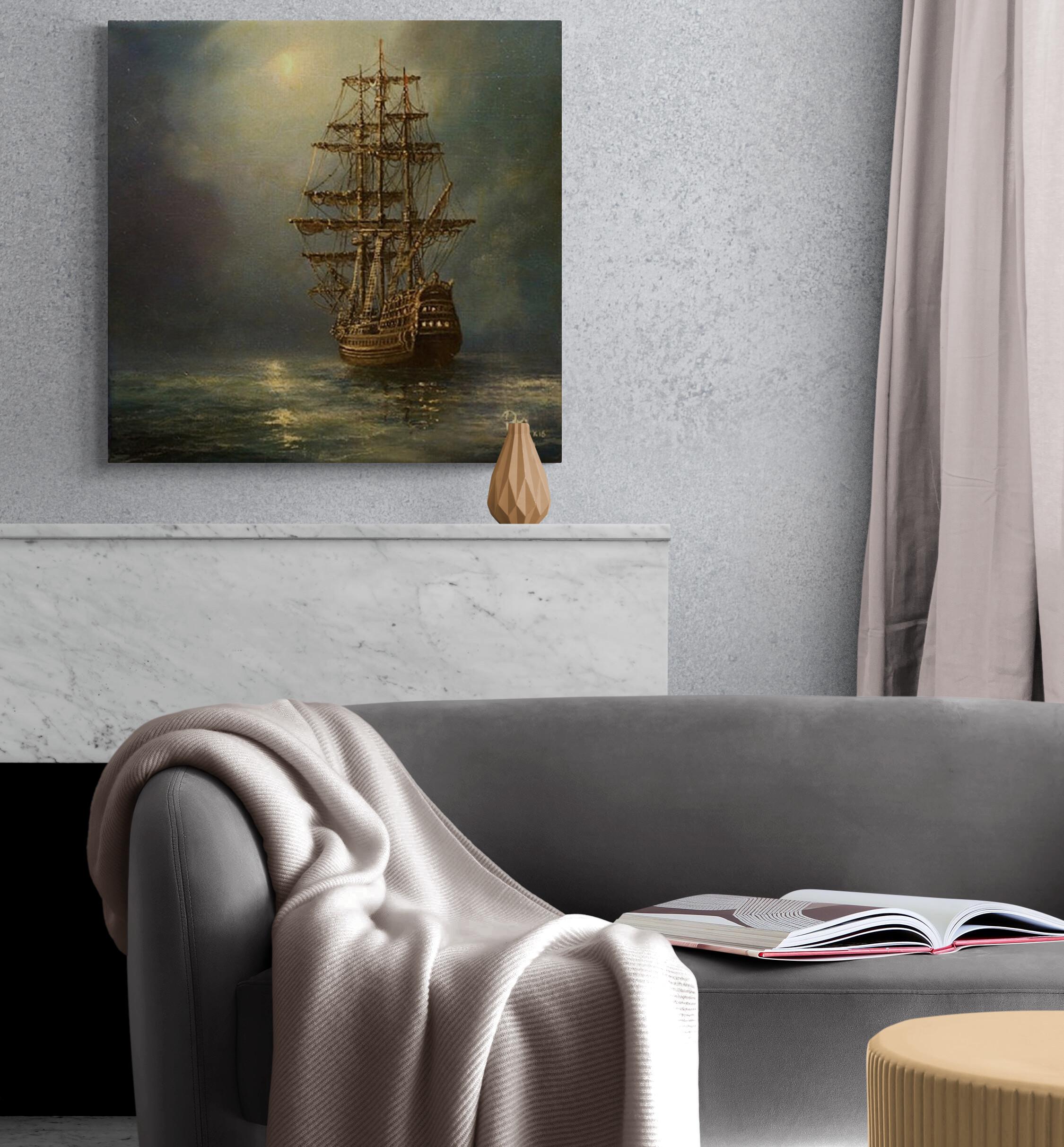 Tall Ship Giclée Canvas Print, Moonlit Seascape, Ready to Hang FOSHE ART
