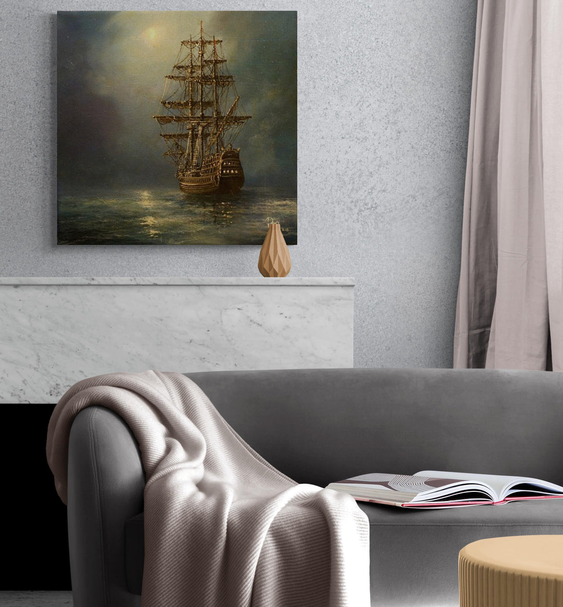Tall Ship Giclée Canvas Print, Moonlit Seascape, Ready to Hang FOSHE ART