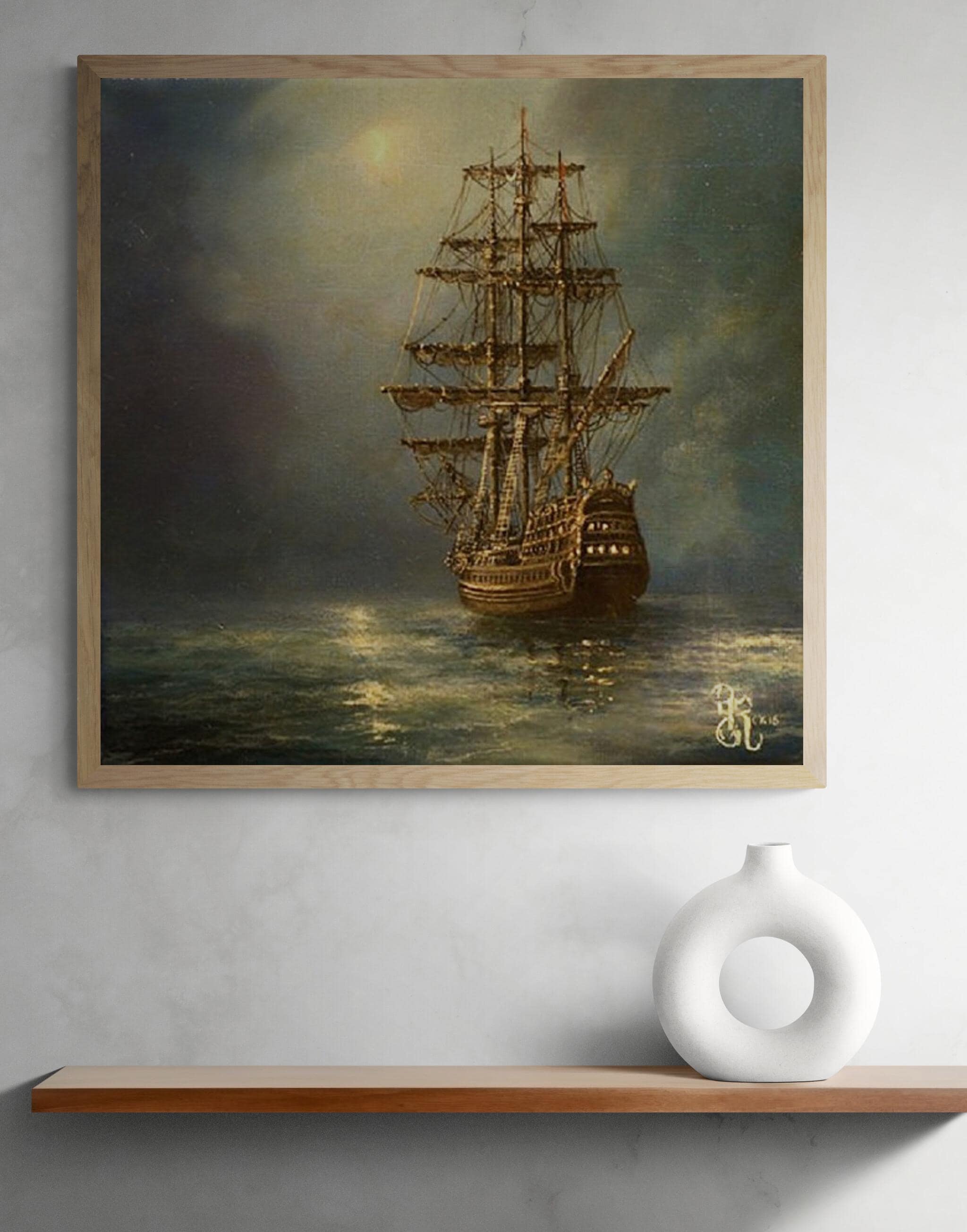 Tall Ship Giclée Canvas Print, Moonlit Seascape, Ready to Hang FOSHE ART