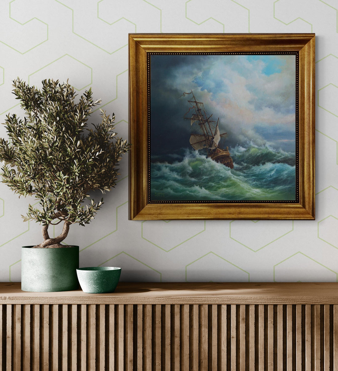 Tall Ship Canvas Print, Stormy Seas, Vintage Golden Frame FOSHE ART