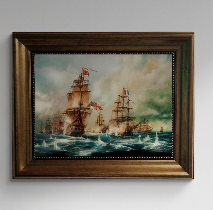 Naval Glory: Battle of Trafalgar, framed premium canvas print, with brushstrokes & golden vintageous frame, looks like original oil painting FOSHE ART
