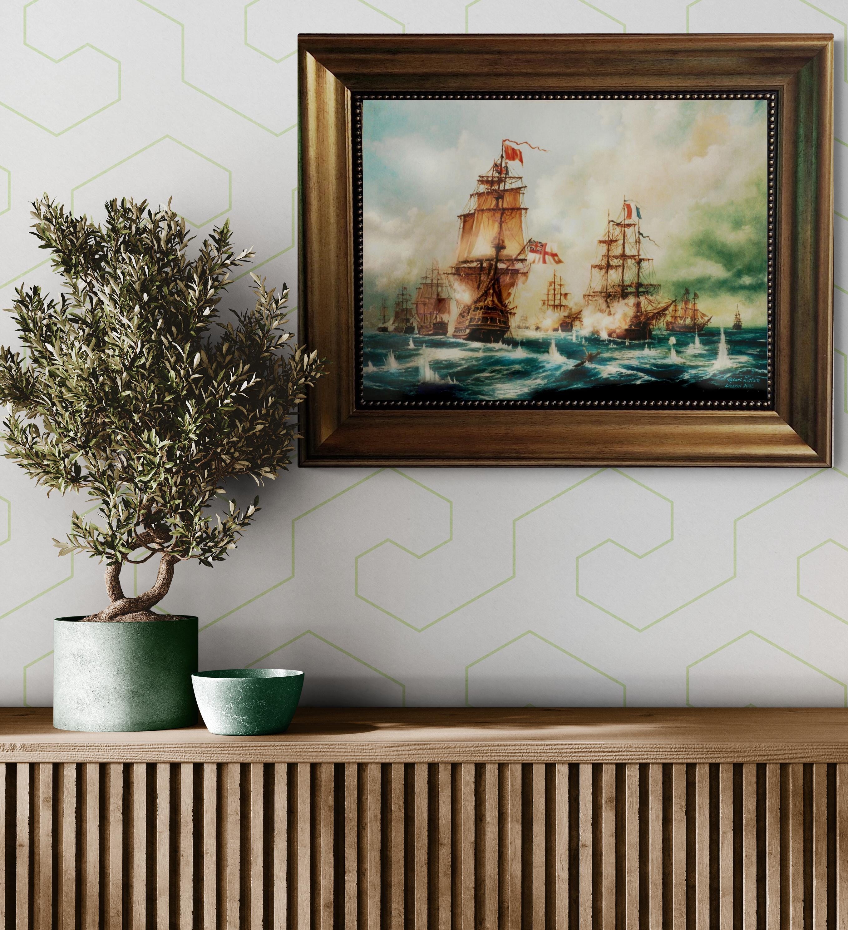 Naval Glory: Battle of Trafalgar, framed premium canvas print, with brushstrokes & golden vintageous frame, looks like original oil painting FOSHE ART