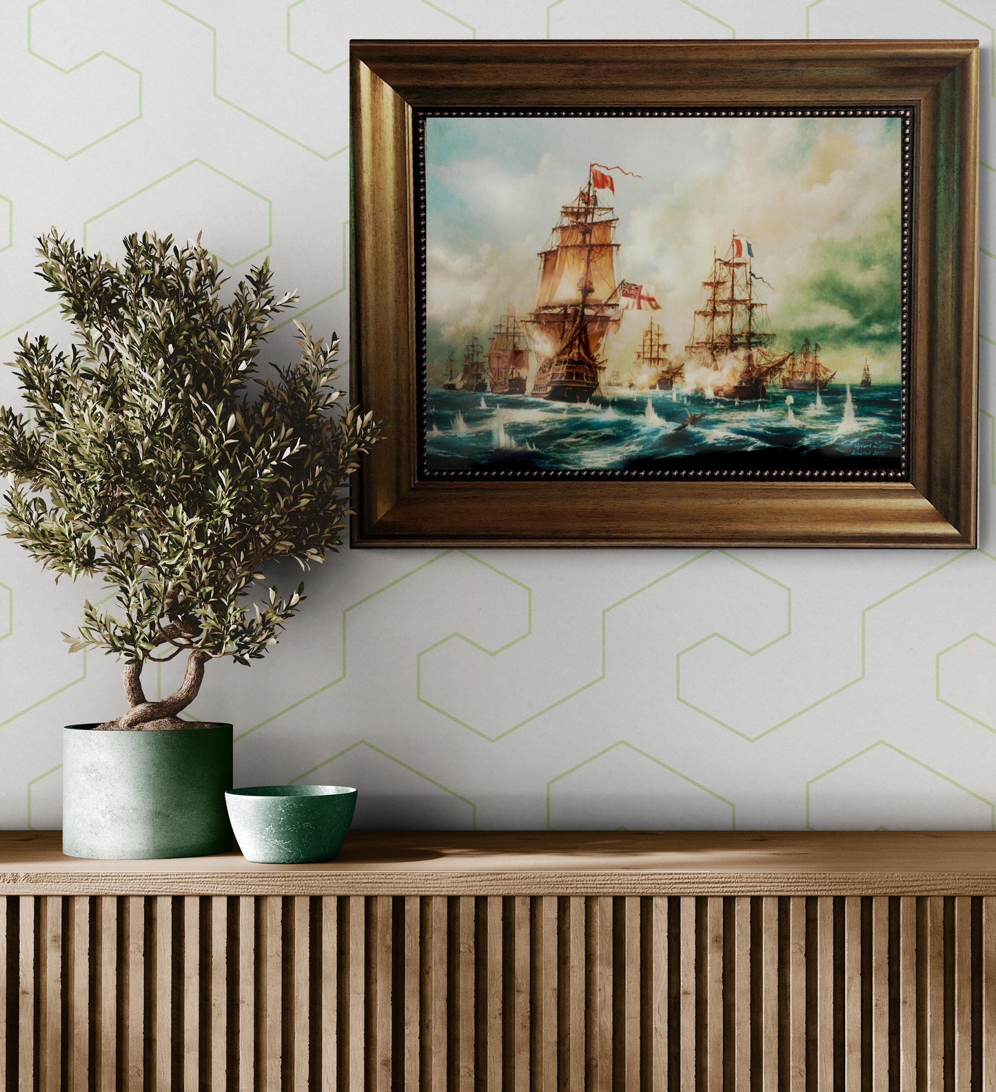 Naval Glory: Battle of Trafalgar, framed premium canvas print, with brushstrokes & golden vintageous frame, looks like original oil painting FOSHE ART