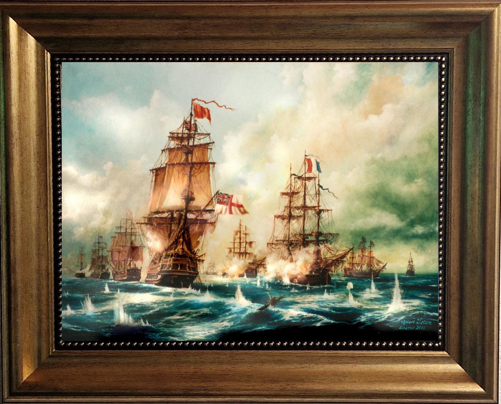 Naval Glory: Battle of Trafalgar, framed premium canvas print, with brushstrokes & golden vintageous frame, looks like original oil painting FOSHE ART