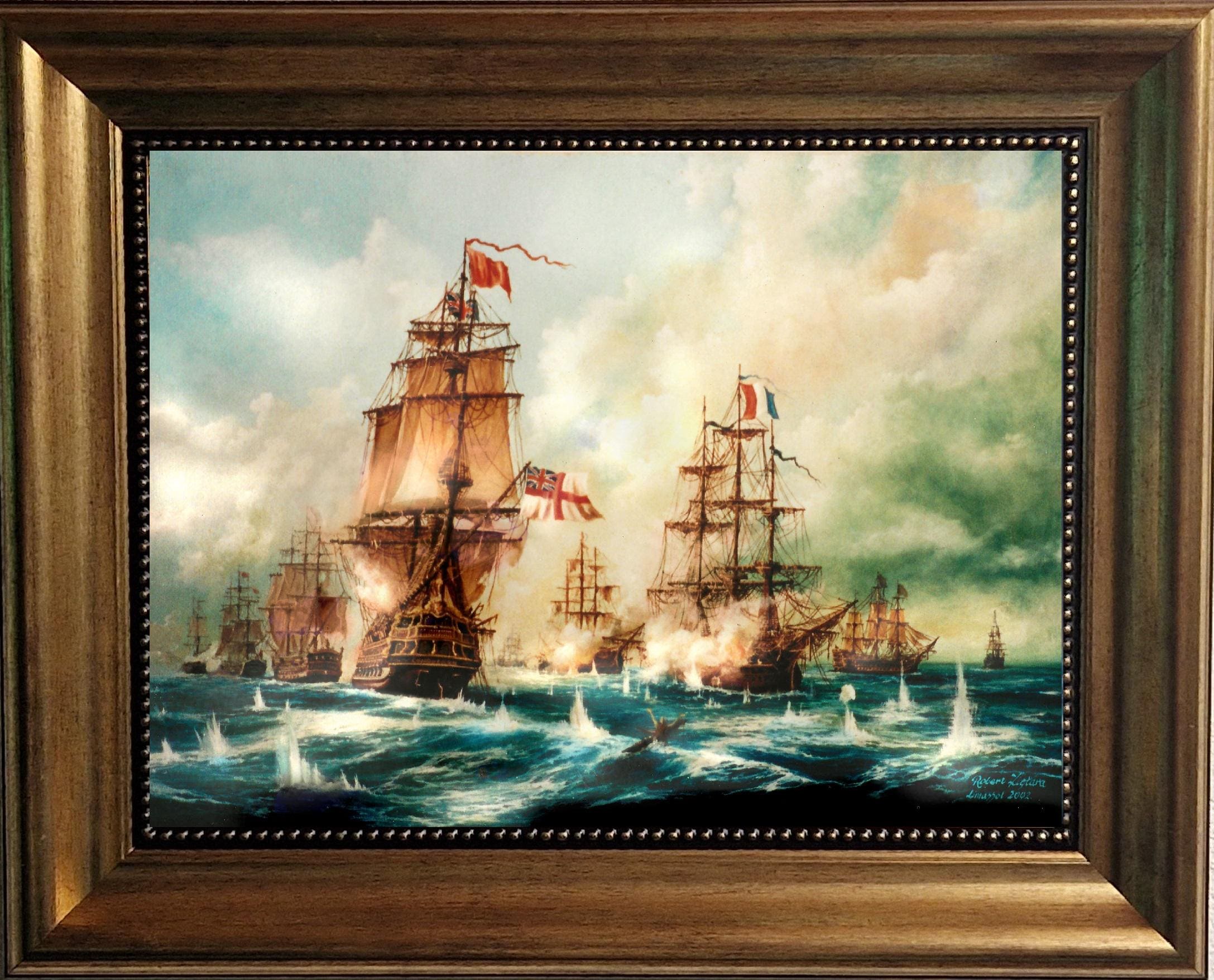 Battle of Trafalgar 3D Canvas Print with Golden Vintage Frame, Brush Strokes FOSHE ART