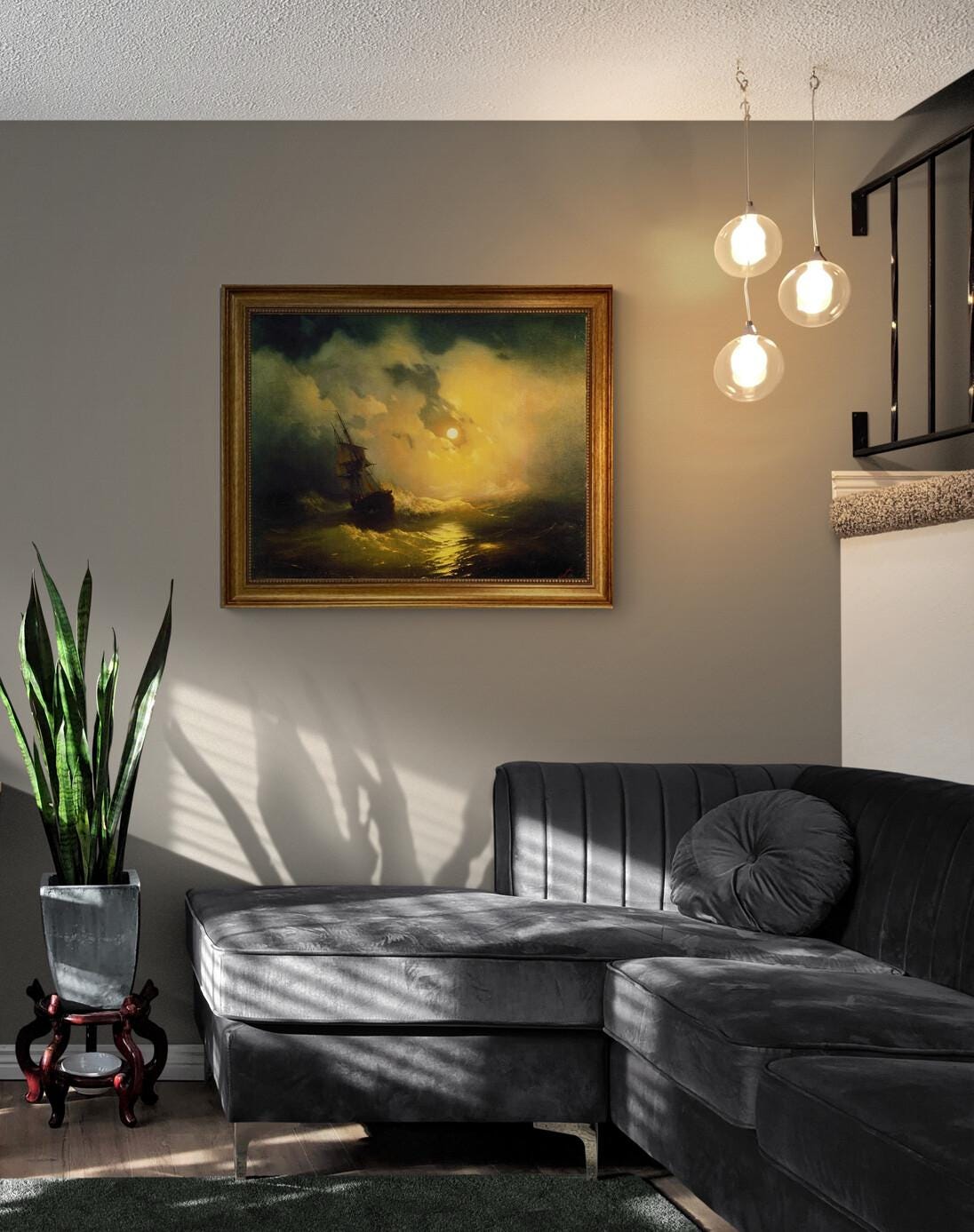 Stormy Sea at Night Aivazovsky Gliclée canvas hand finished premium print with brush strokes and golden vintageous frame looks like original FOSHE ART