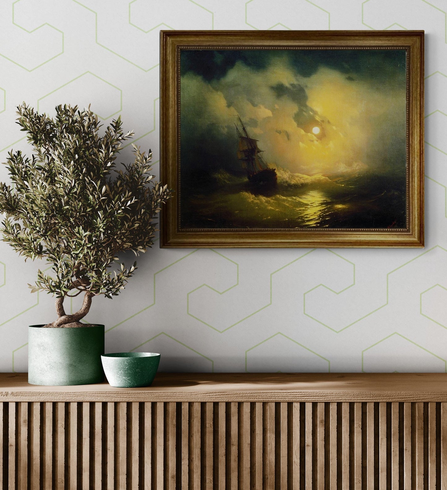 Stormy Sea at Night Aivazovsky Gliclée canvas hand finished premium print with brush strokes and golden vintageous frame looks like original FOSHE ART