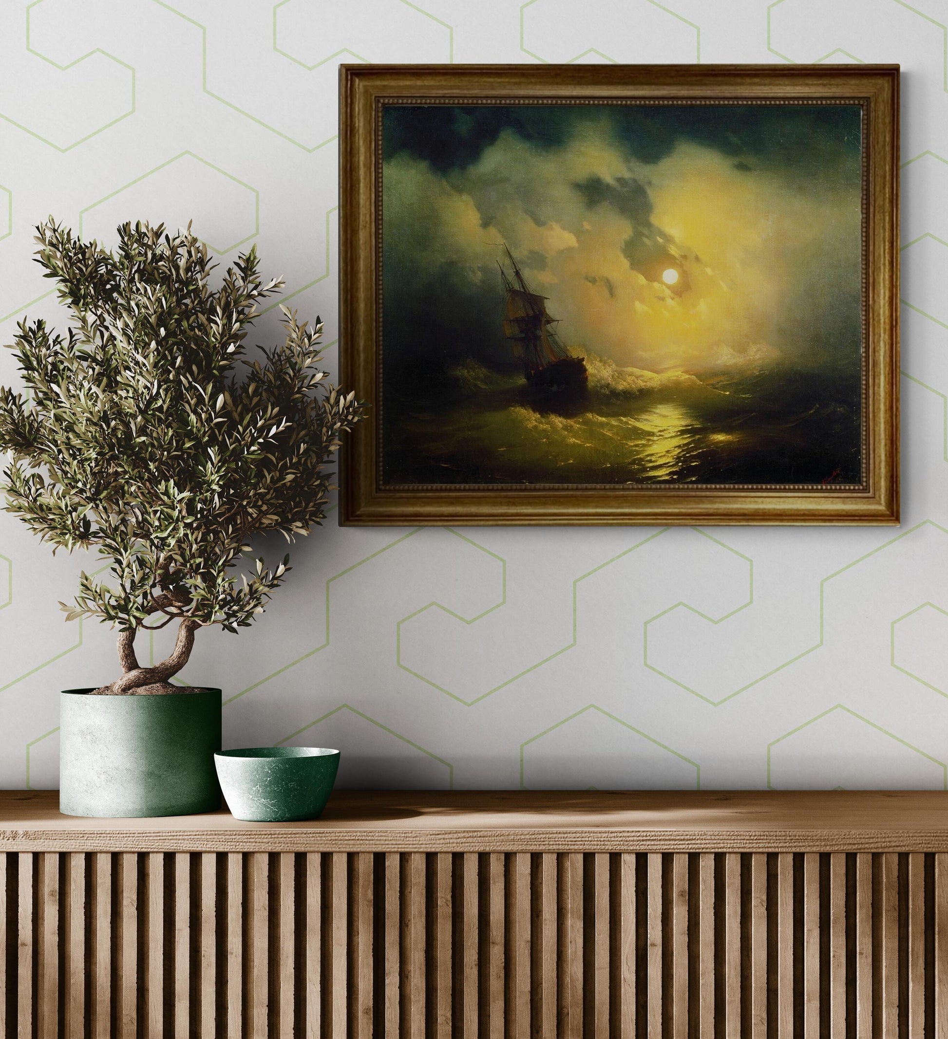 Stormy Sea at Night Aivazovsky Gliclée canvas hand finished premium print with brush strokes and golden vintageous frame looks like original FOSHE ART