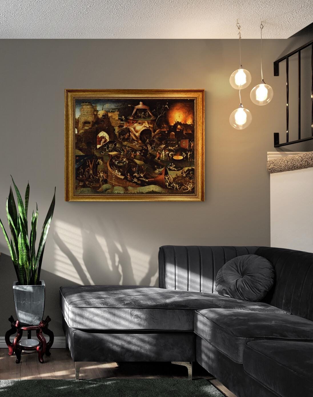 Bosch reproduction Christ in Limbo, canvas hand finished premium print with brush strokes and golden vintageous frame looks like original FOSHE ART