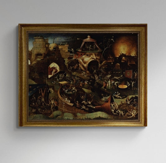 Bosch reproduction Christ in Limbo, canvas hand finished premium print with brush strokes and golden vintageous frame looks like original FOSHE ART