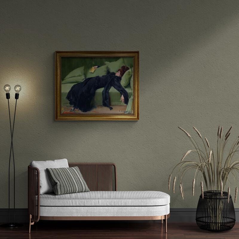 Ramon Casas "Young Decadent" Canvas Print with brush strokes texture and Vintage Golden Frame FOSHE ART