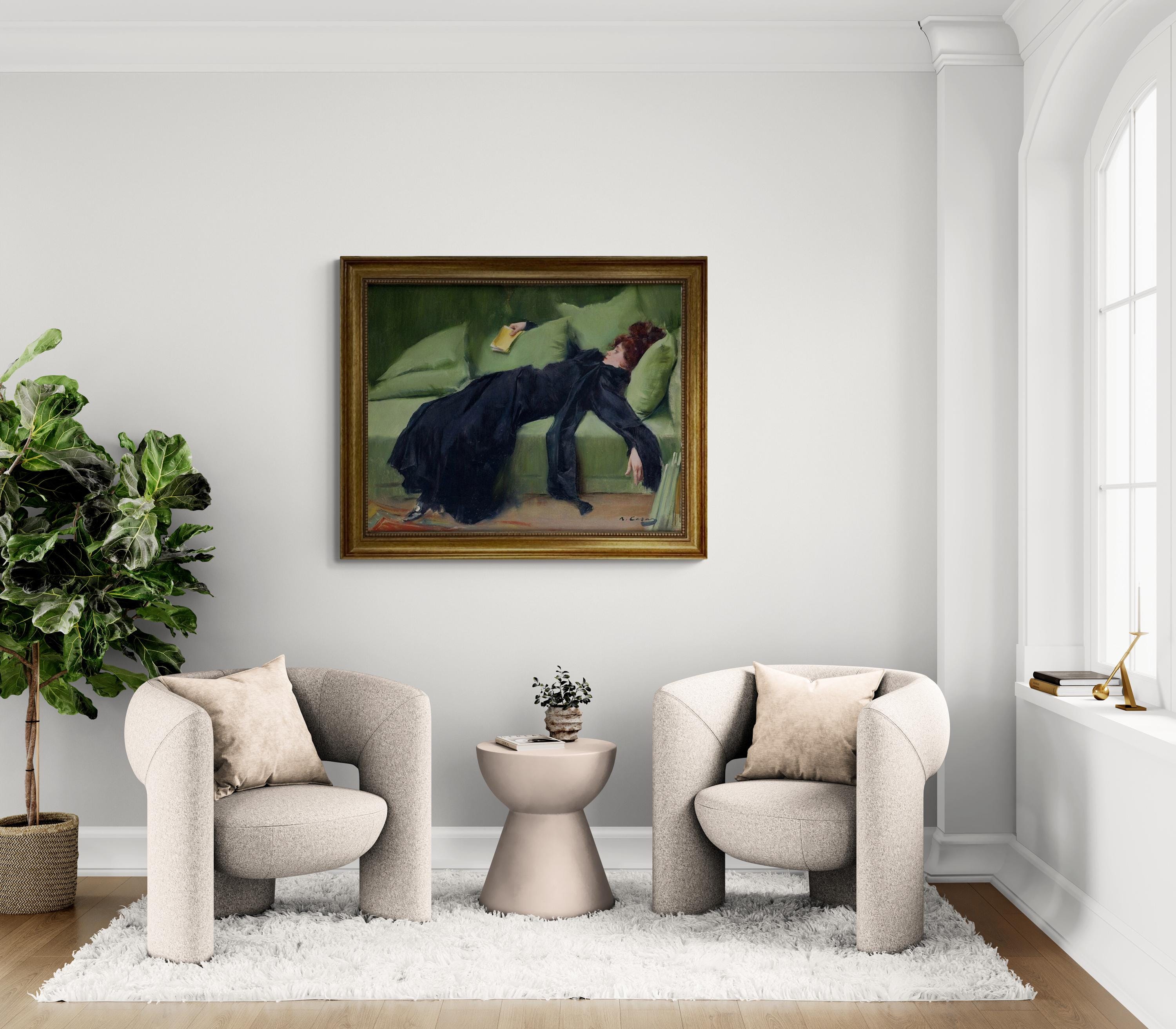 Ramon Casas "Young Decadent" Canvas Print with brush strokes texture and Vintage Golden Frame FOSHE ART