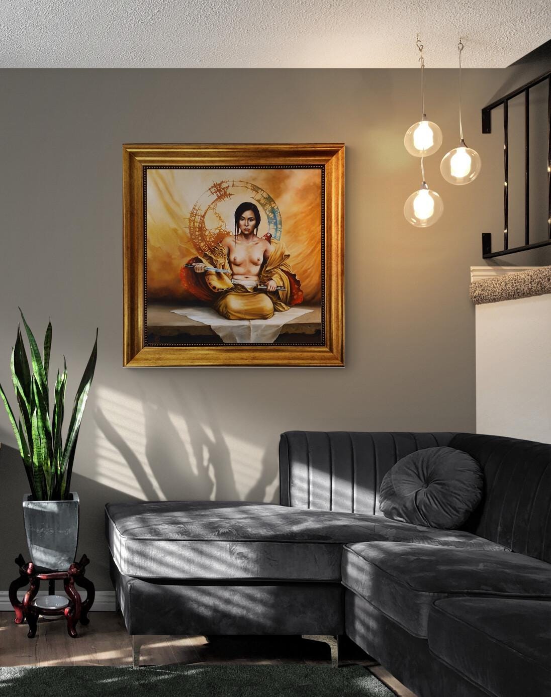 Japanese Girl wallart, Gliclée 3D hand finished premium print on canvas with brush strokes and golden vintageous frame looks like original FOSHE ART