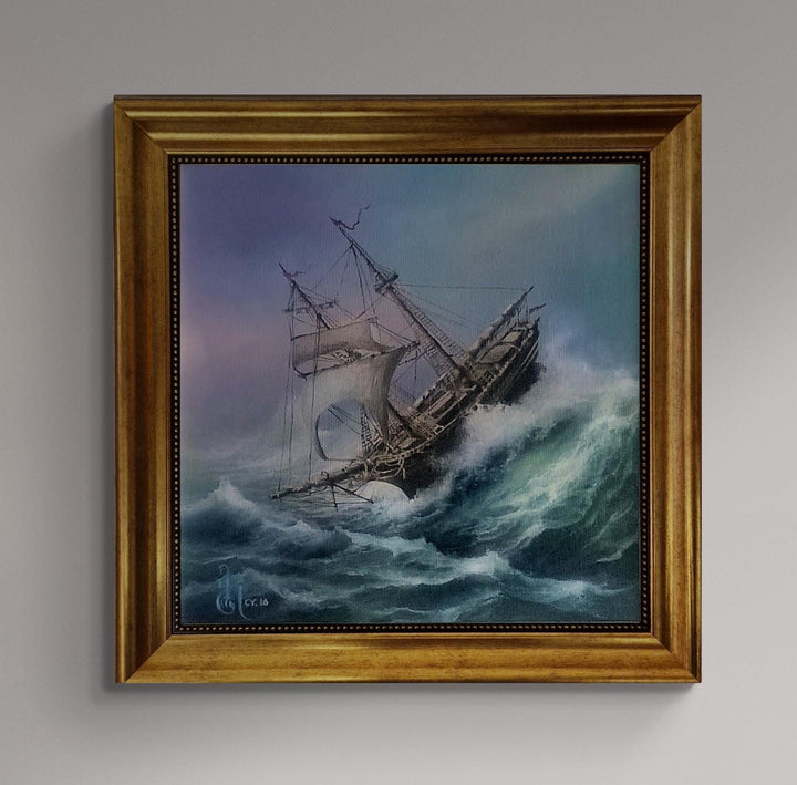 Ship at rough sea, Tall Ship Giclee canvas hand finished premium 3D print w brush strokes and golden vintageous frame looks like original FOSHE ART
