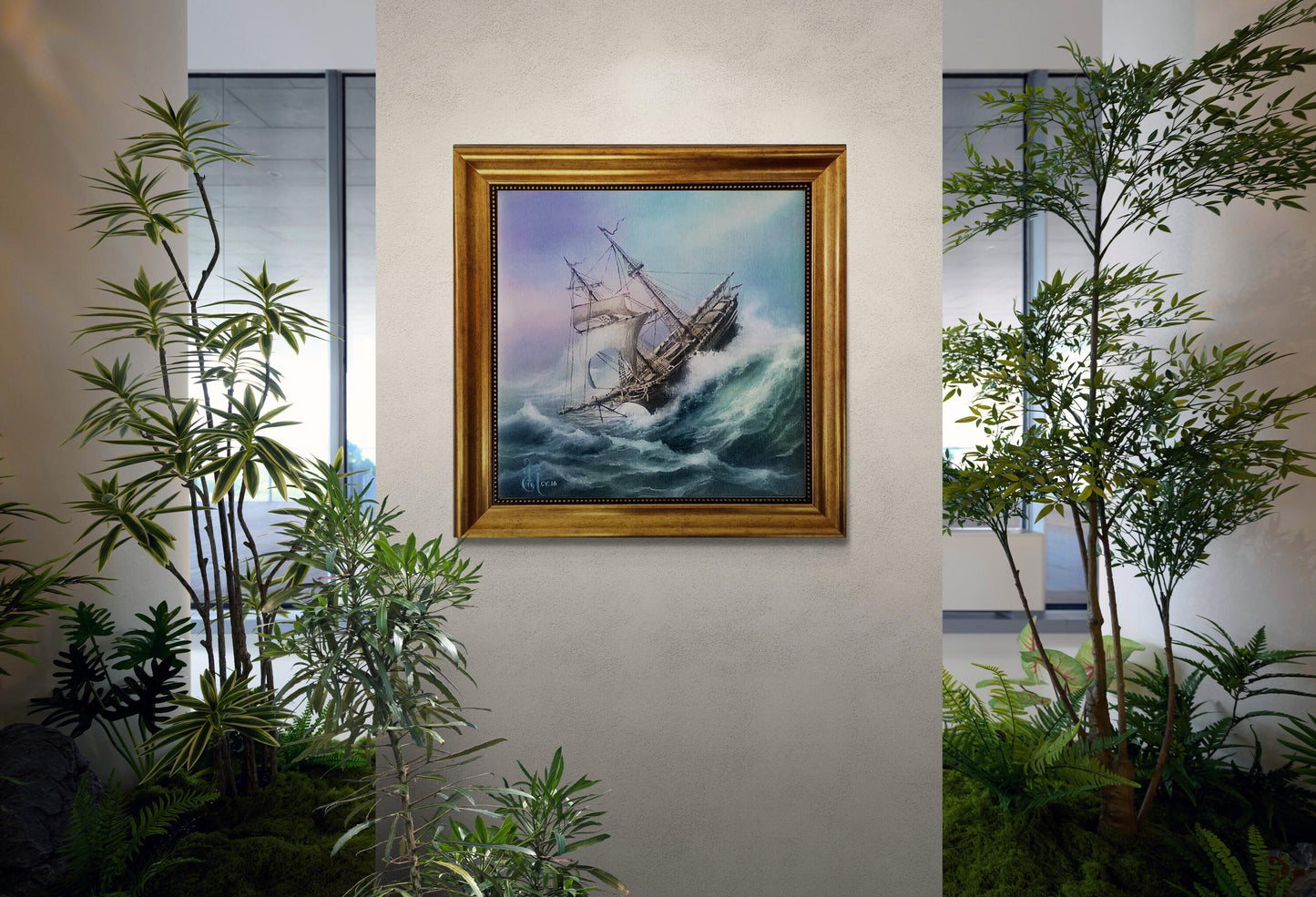 Ship at rough sea, Tall Ship Giclee canvas hand finished premium 3D print w brush strokes and golden vintageous frame looks like original FOSHE ART
