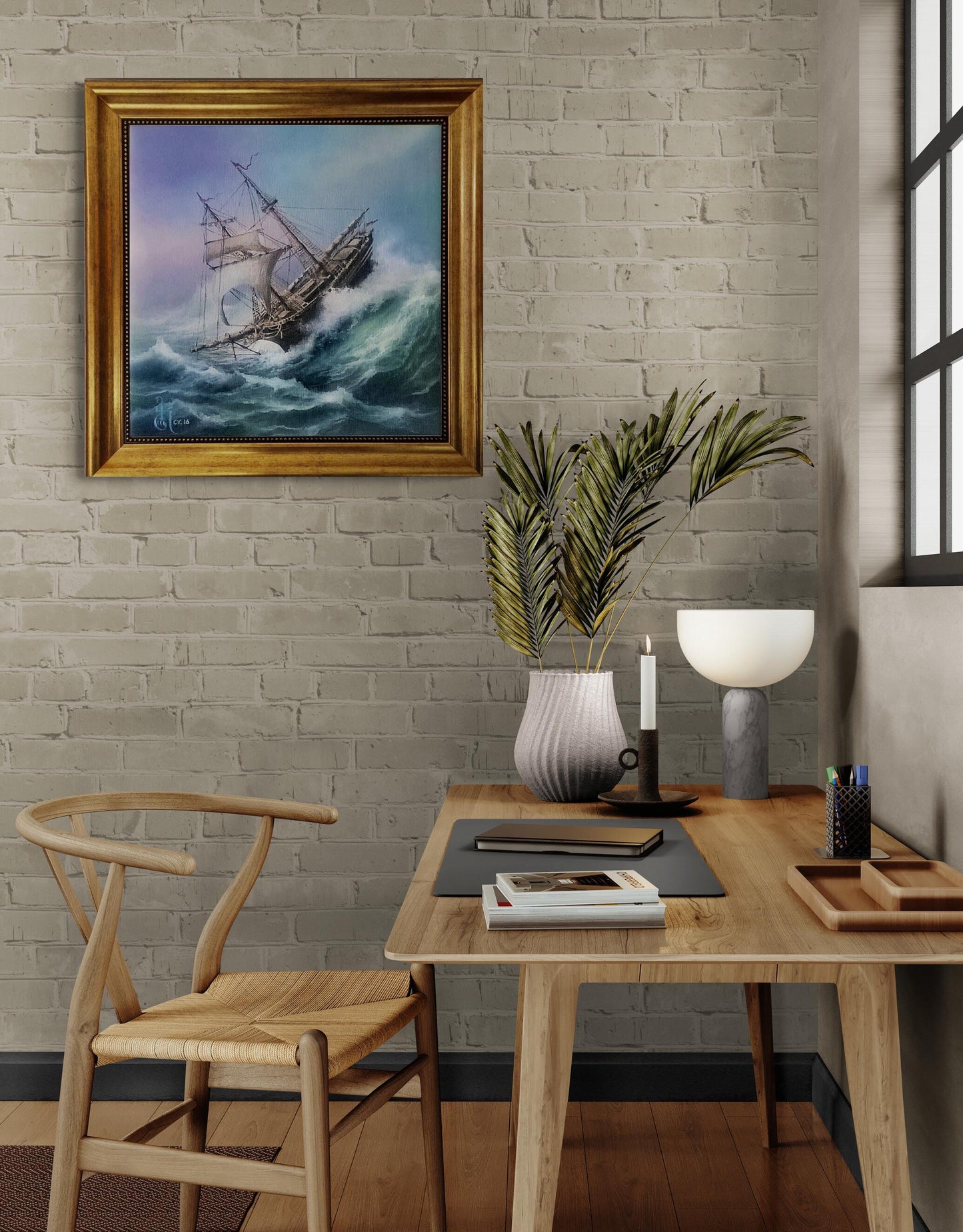 Ship at rough sea, Tall Ship Giclee canvas hand finished premium 3D print w brush strokes and golden vintageous frame looks like original FOSHE ART