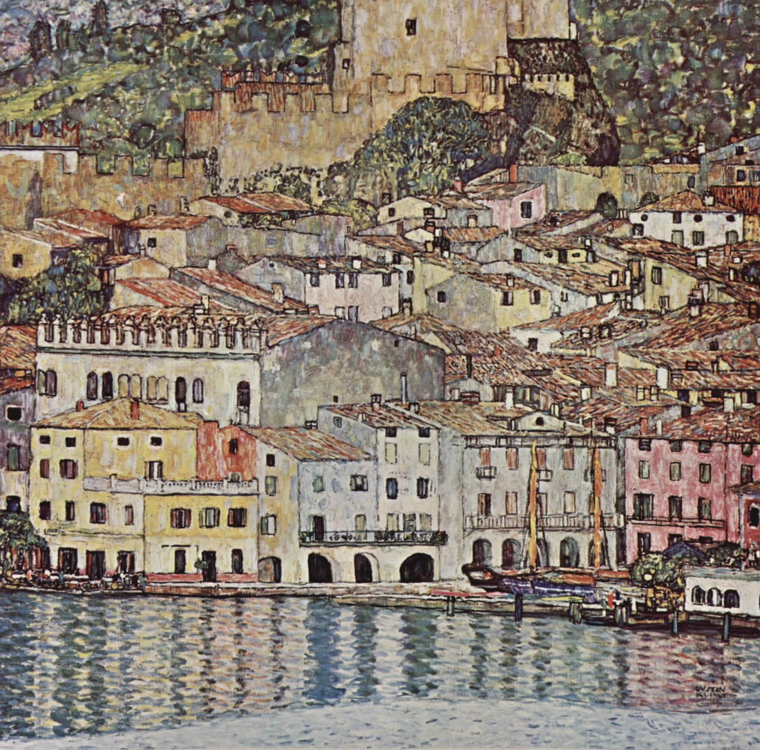 GUSTAV KLIMT Malcena at the Gardasee Gliclée canvas hand finished print with brush strokes and golden vintageous frame looks like original FOSHE ART
