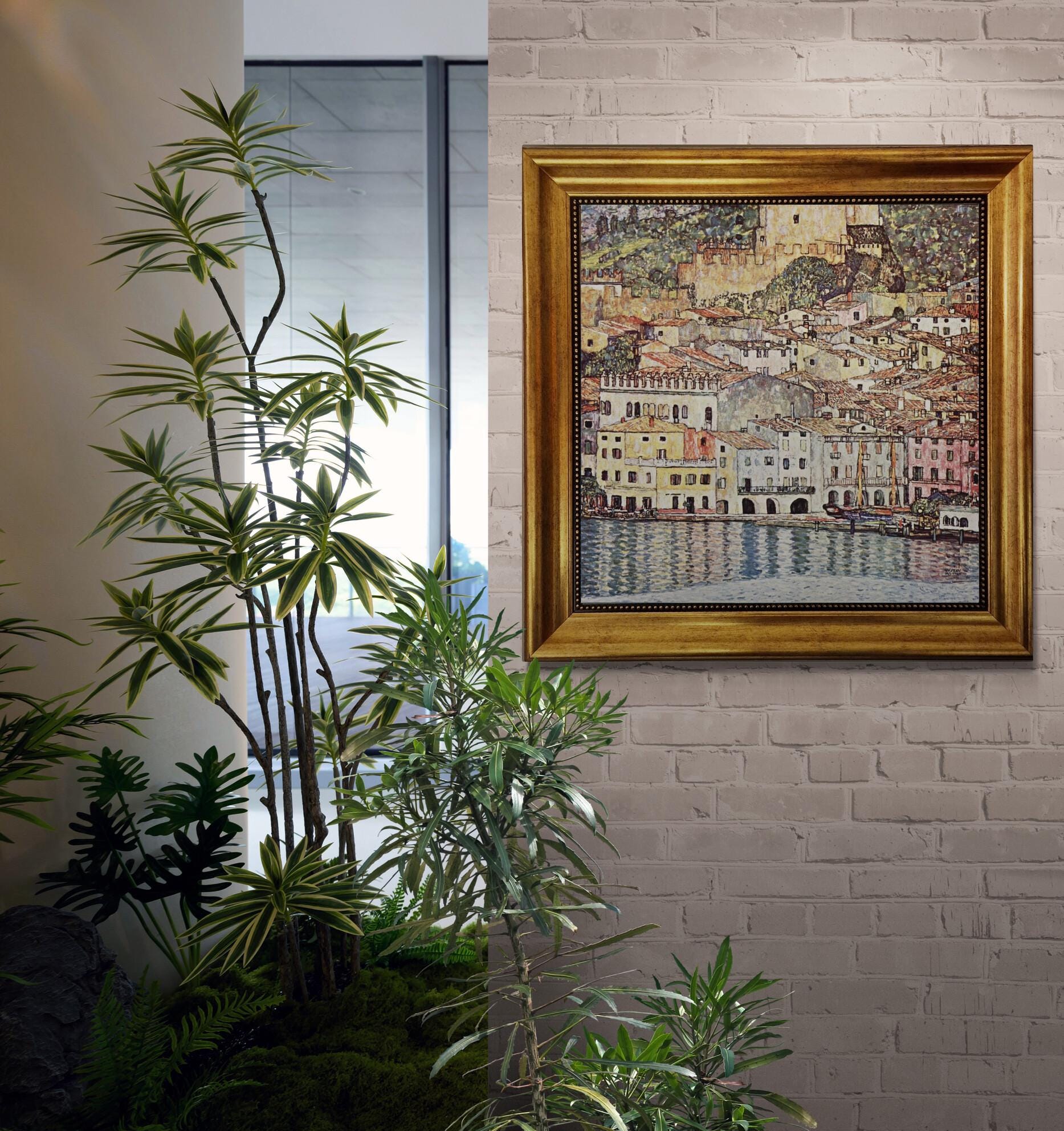 GUSTAV KLIMT Malcena at the Gardasee Gliclée canvas hand finished print with brush strokes and golden vintageous frame looks like original FOSHE ART