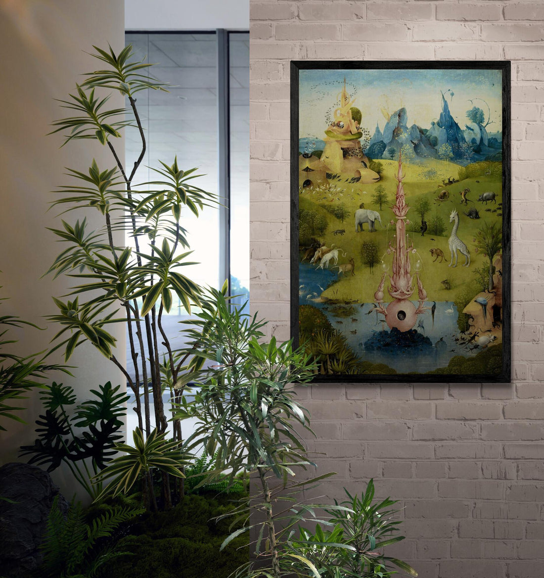 Bosch canvas print reproduction: detail from Garden of Earthly Delights, Fountain of Paradise, Bosch Garden Canvas Print with floating frame FOSHE ART