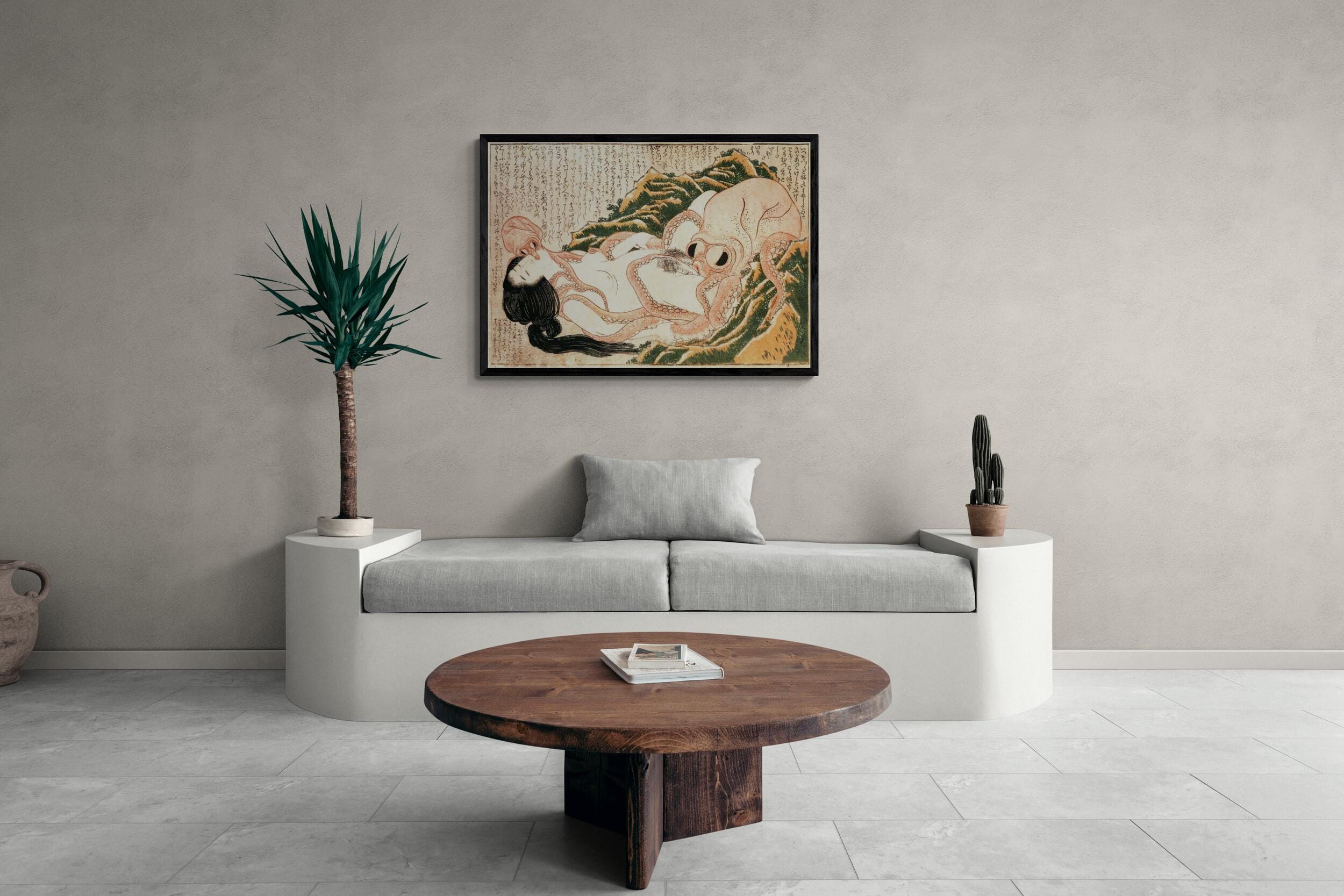 sensual art Katsushika Hokusai’s Dream of the Fisherman’s Wife, Hand Finished canvas with brush strokes looks like original + floating frame FOSHE ART