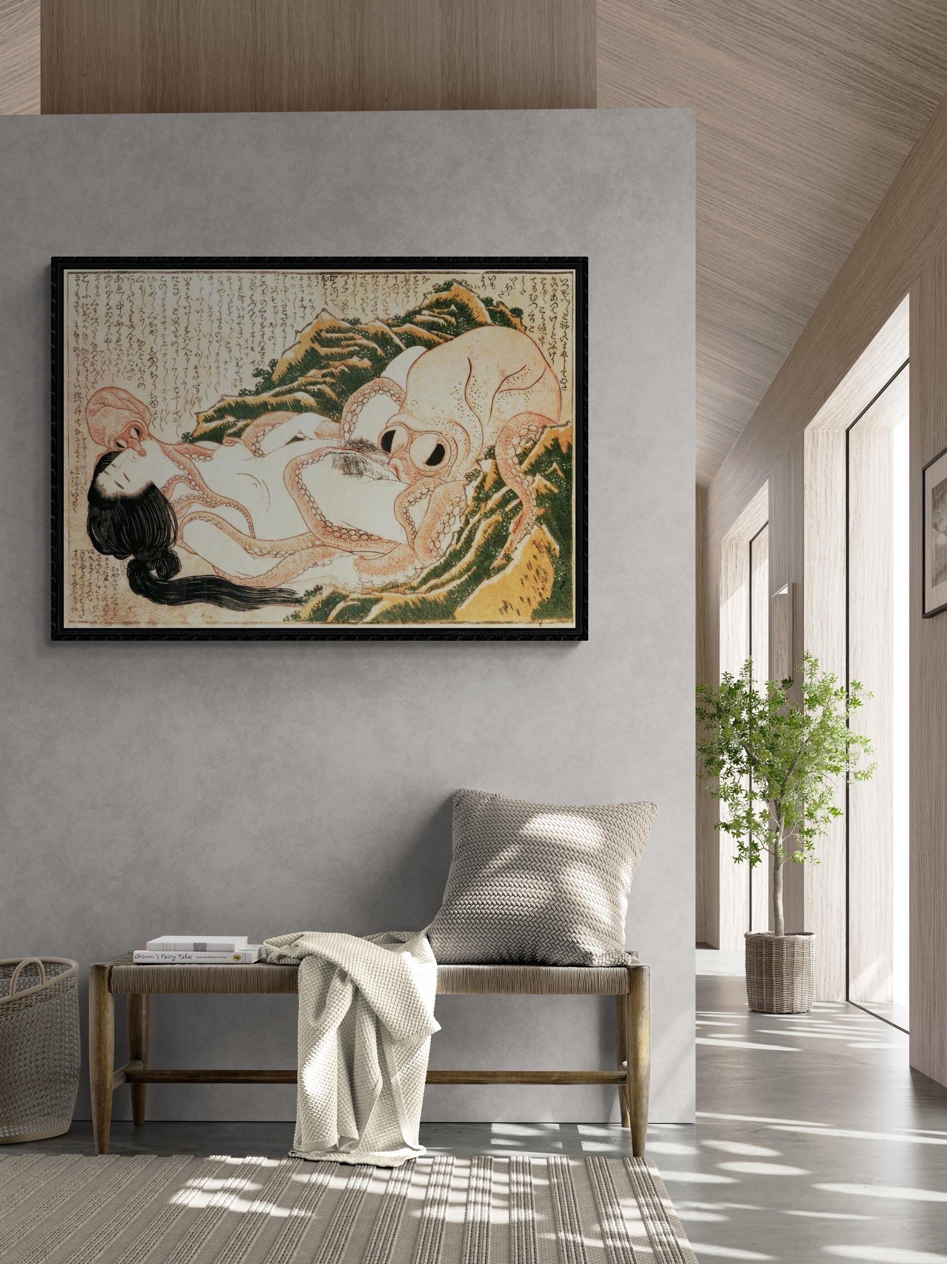 sensual art Katsushika Hokusai’s Dream of the Fisherman’s Wife, Hand Finished canvas with brush strokes looks like original + floating frame FOSHE ART