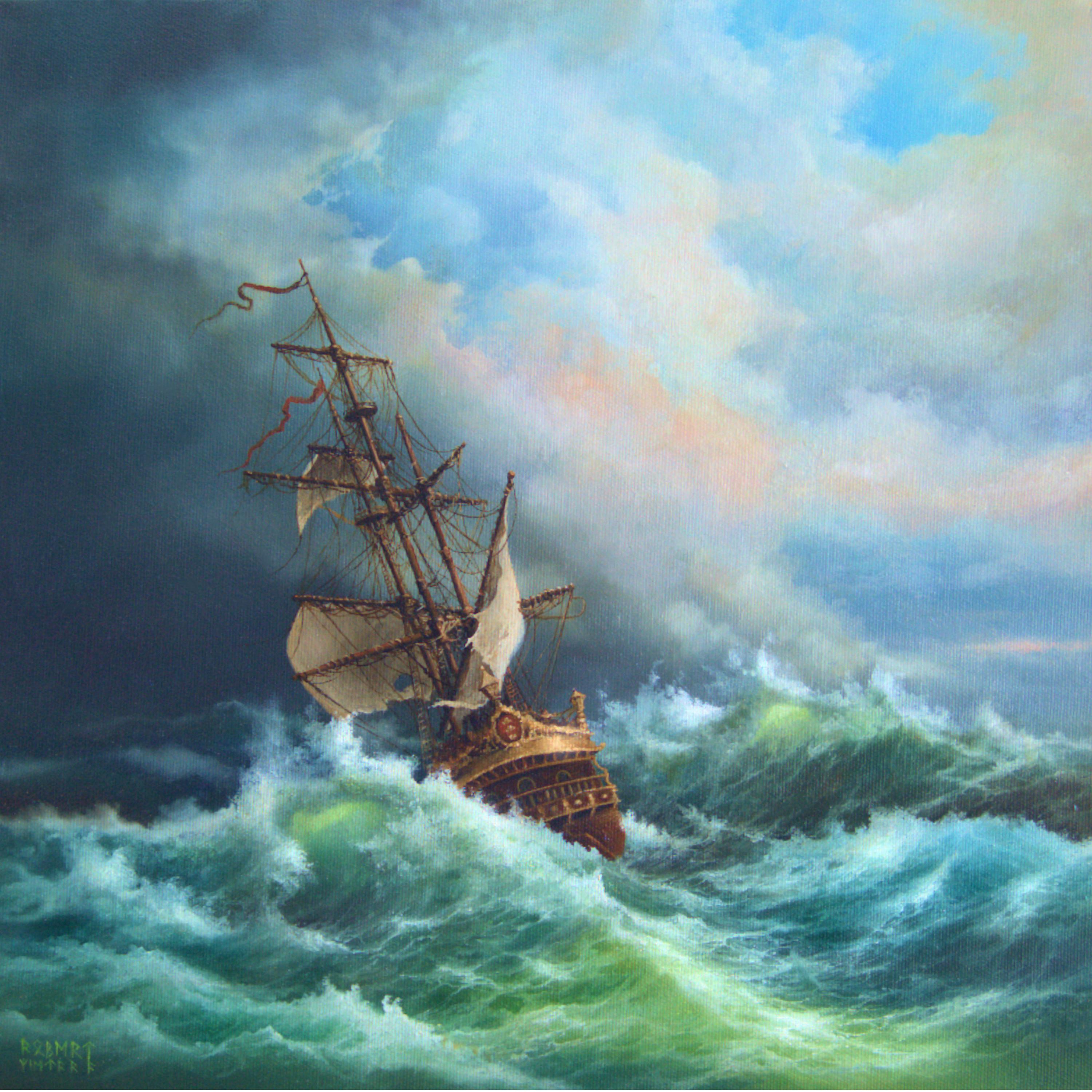 Robert Zietara Seascape: "After Storm" Giclée Canvas Print with Golden Frame (15.7x15.7") FOSHE ART