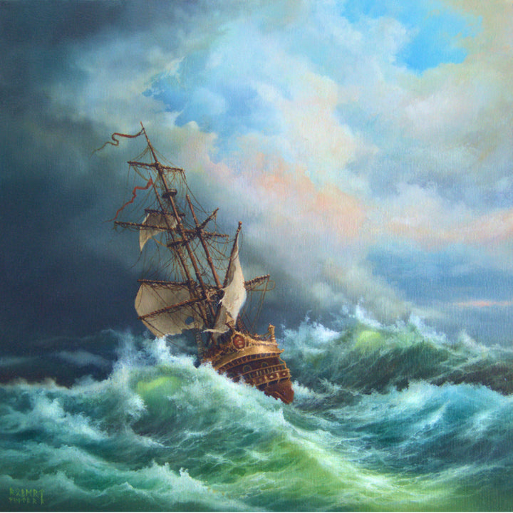 Robert Zietara Seascape: "After Storm" Giclée Canvas Print with Golden Frame (15.7x15.7") FOSHE ART