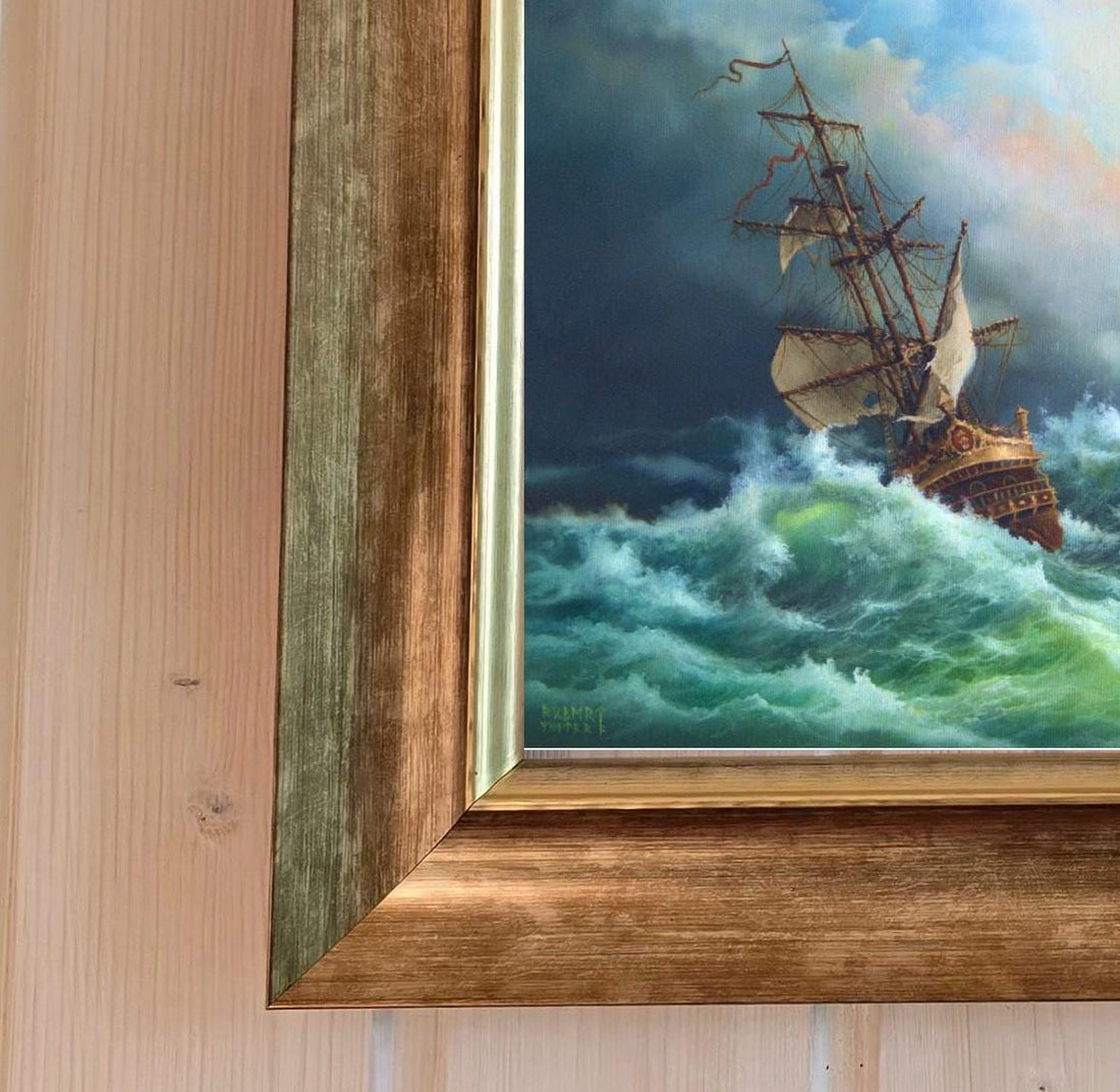 Robert Zietara Seascape: "After Storm" Giclée Canvas Print with Golden Frame (15.7x15.7") FOSHE ART