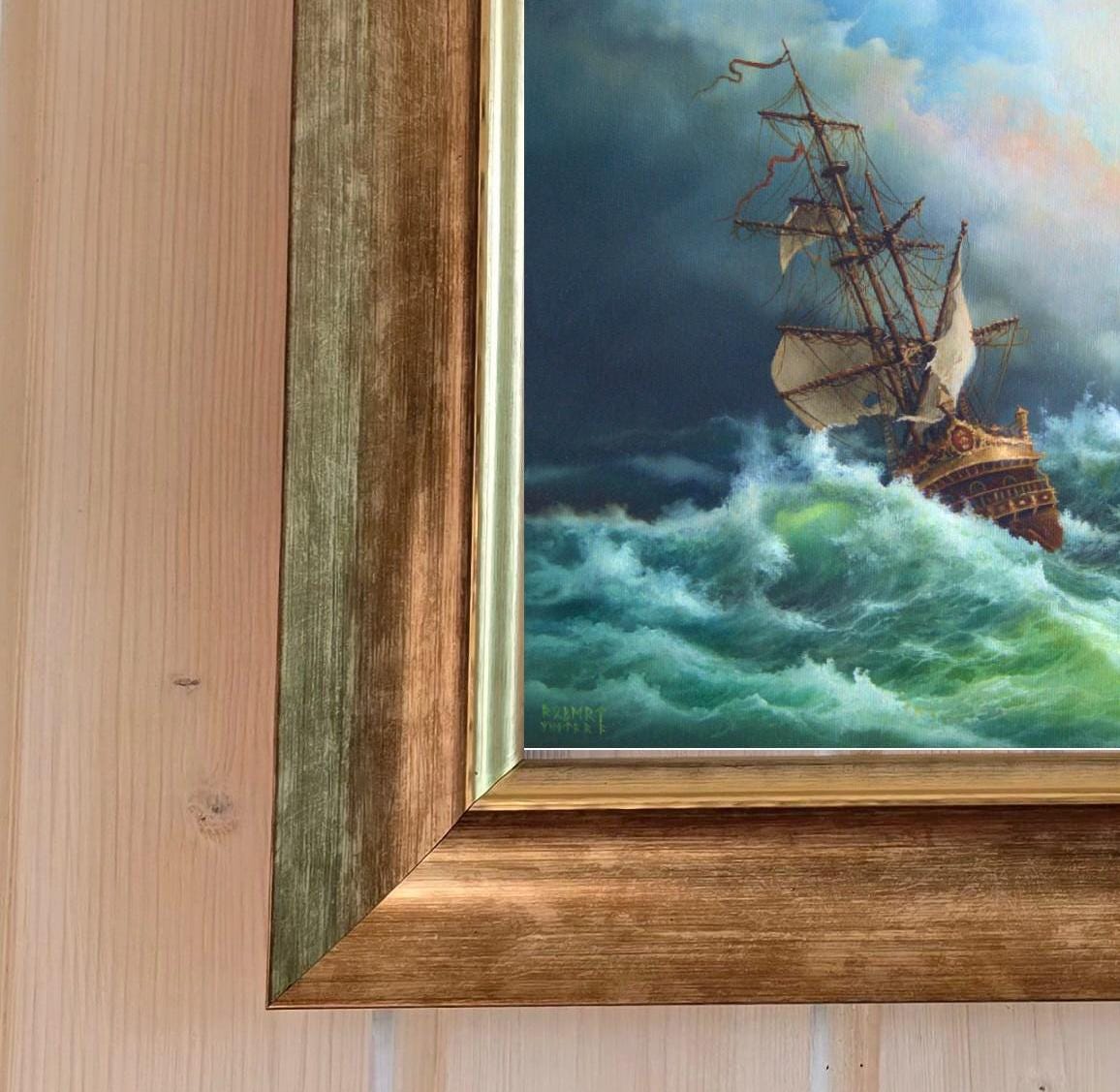 Robert Zietara Seascape: "After Storm" Giclée Canvas Print with Golden Frame (15.7x15.7") FOSHE ART