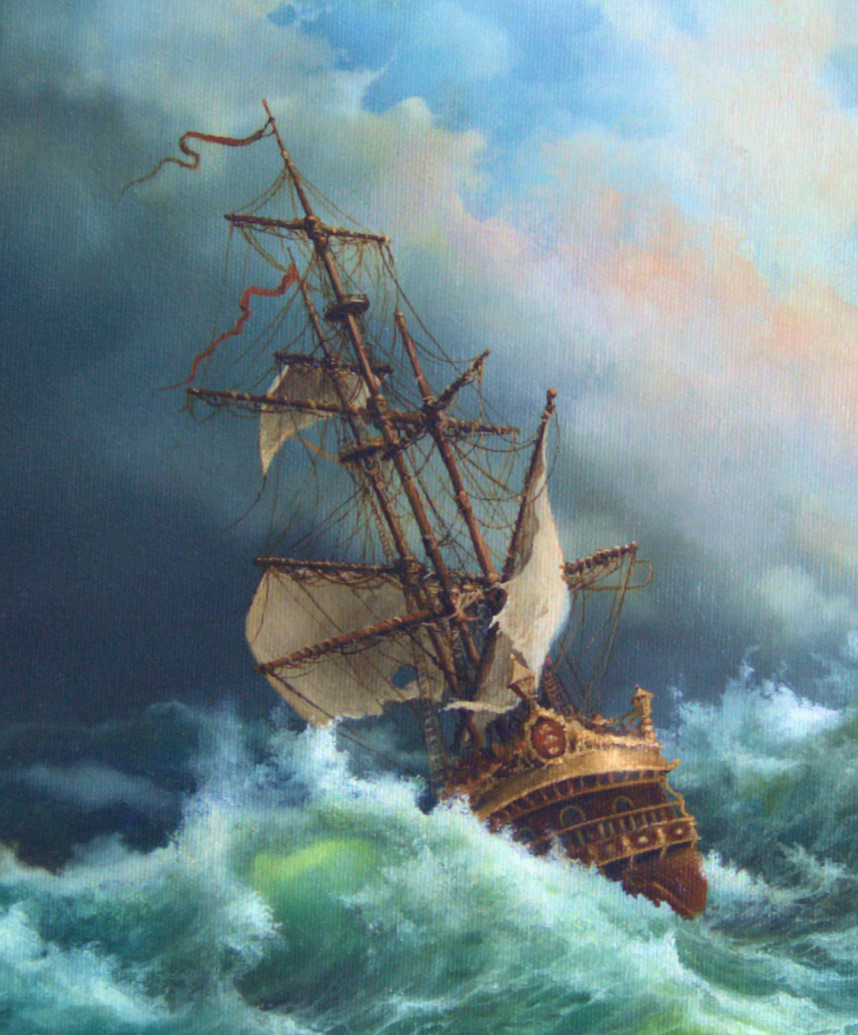 Robert Zietara Seascape: "After Storm" Giclée Canvas Print with Golden Frame (15.7x15.7") FOSHE ART