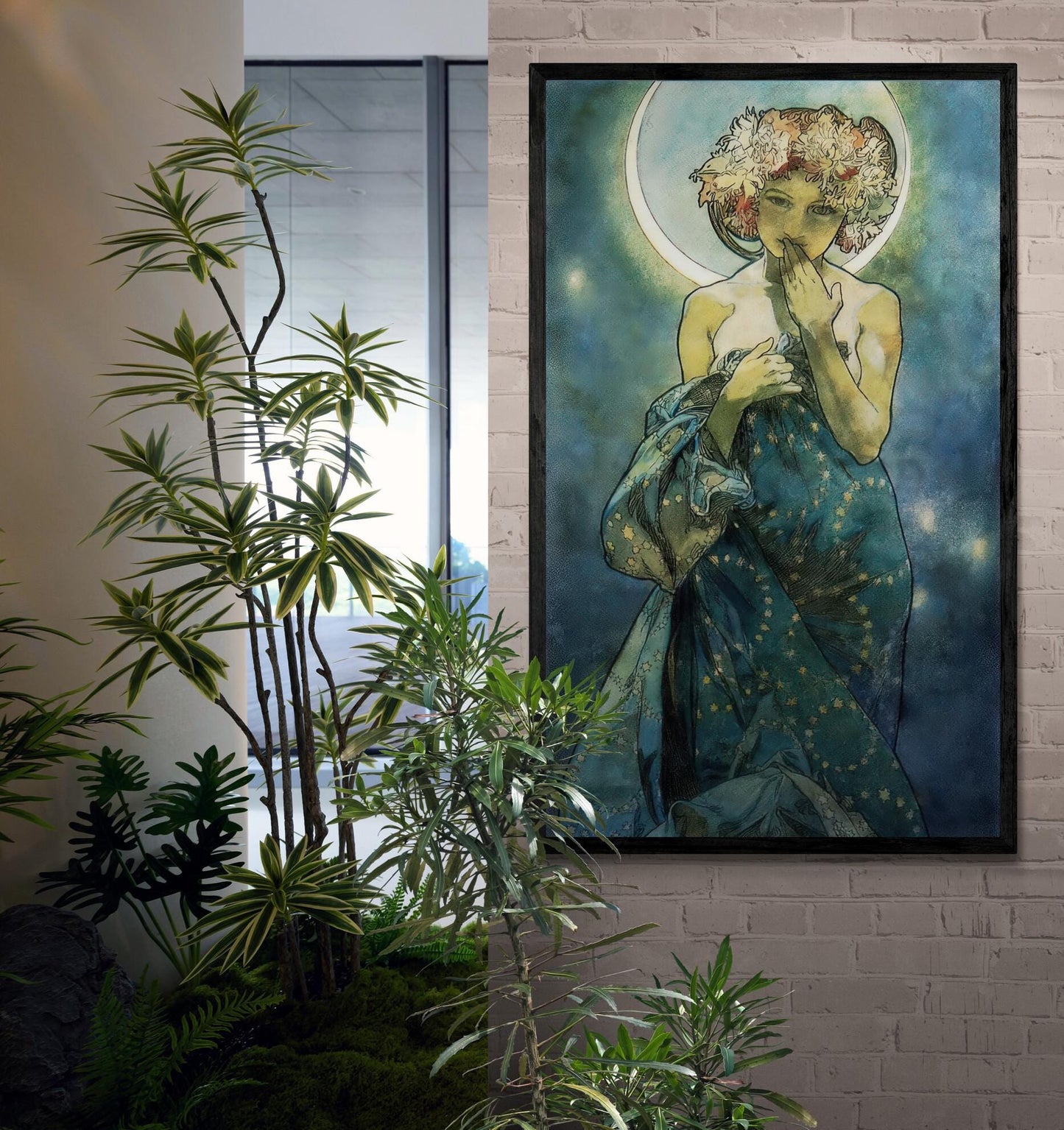 ALPHONSE MUCHA Moon reproduction, Heavyweight real Canvas, 3D hand finish print with brush strokes, floating frame, looks like original art FOSHE ART