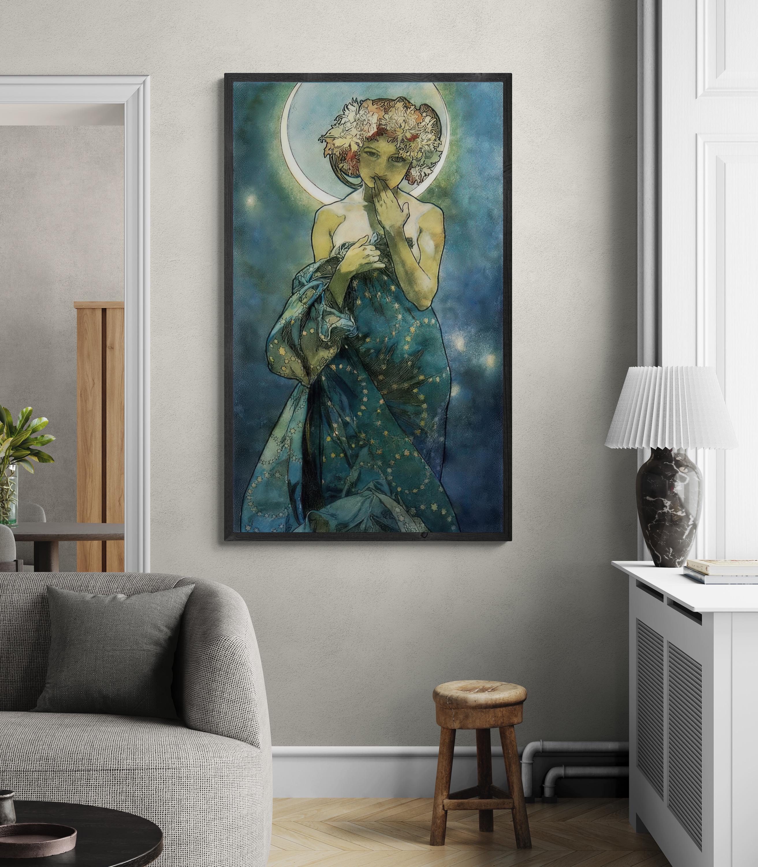 ALPHONSE MUCHA Moon reproduction, Heavyweight real Canvas, 3D hand finish print with brush strokes, floating frame, looks like original art FOSHE ART