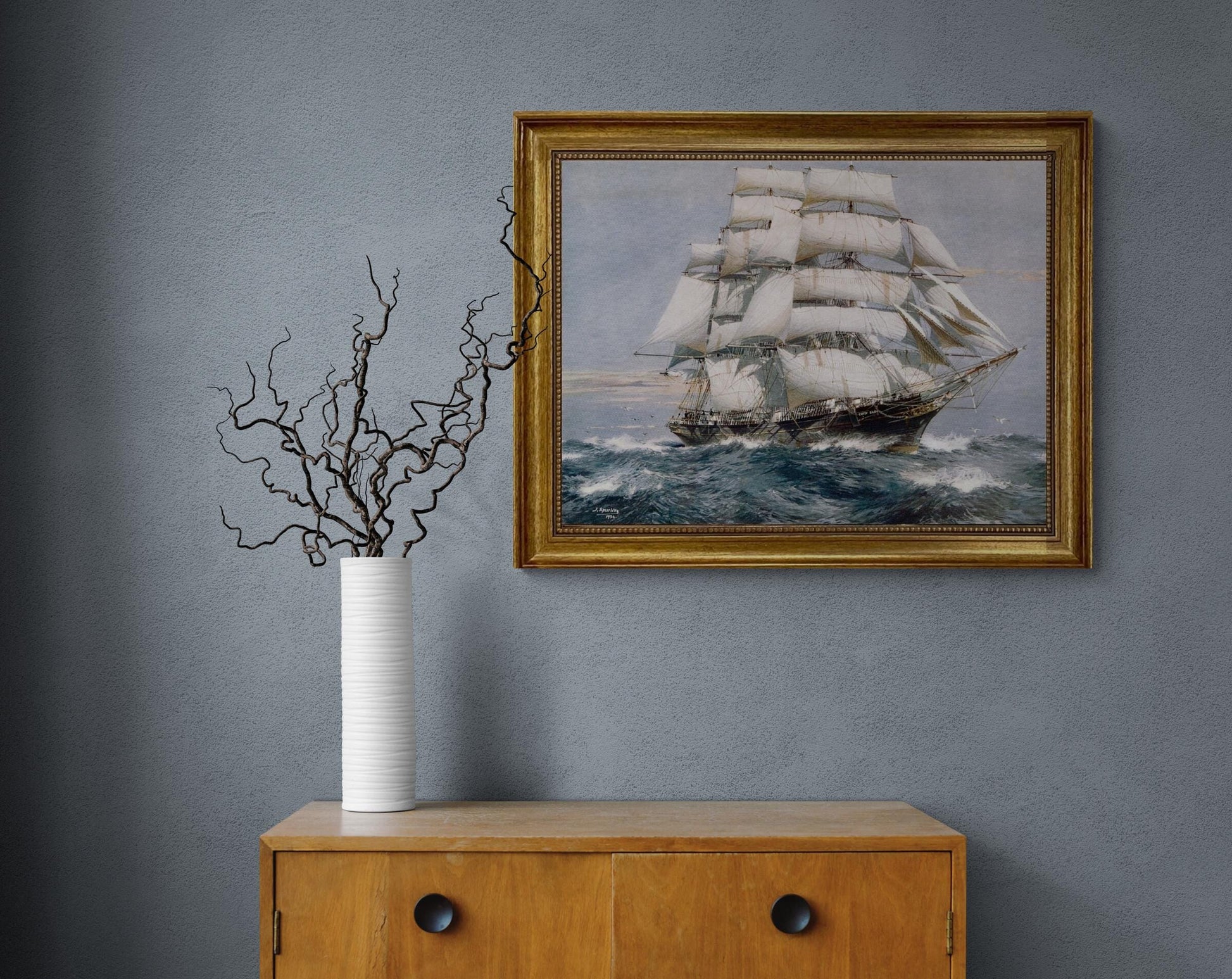 Cutty Sark by Jack Spurling, Gliclée canvas hand finished premium print with brush strokes and golden vintageous frame looks like original FOSHE ART