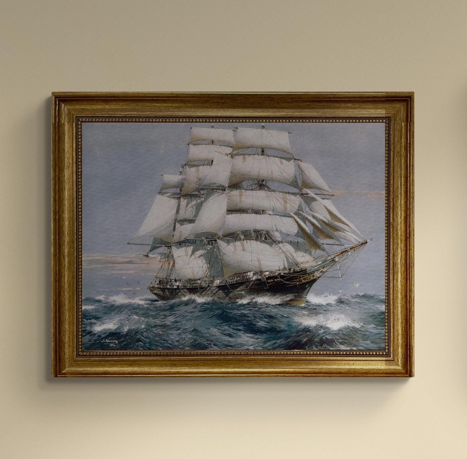 Cutty Sark Canvas Print: Jack Spurling Maritime Art with Golden Vintage Frame FOSHE ART