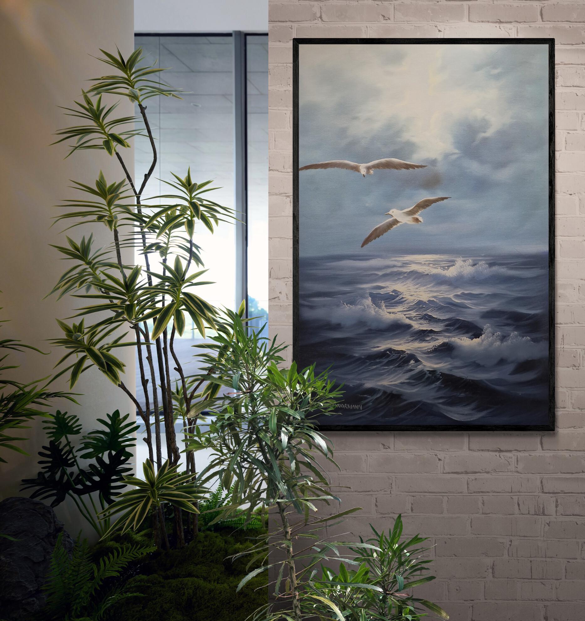 Seascape painting artful original oil painting on canvas 35.4x23.6" with black floating frame, Blue ocean and flying seagull large wall arts FOSHE ART