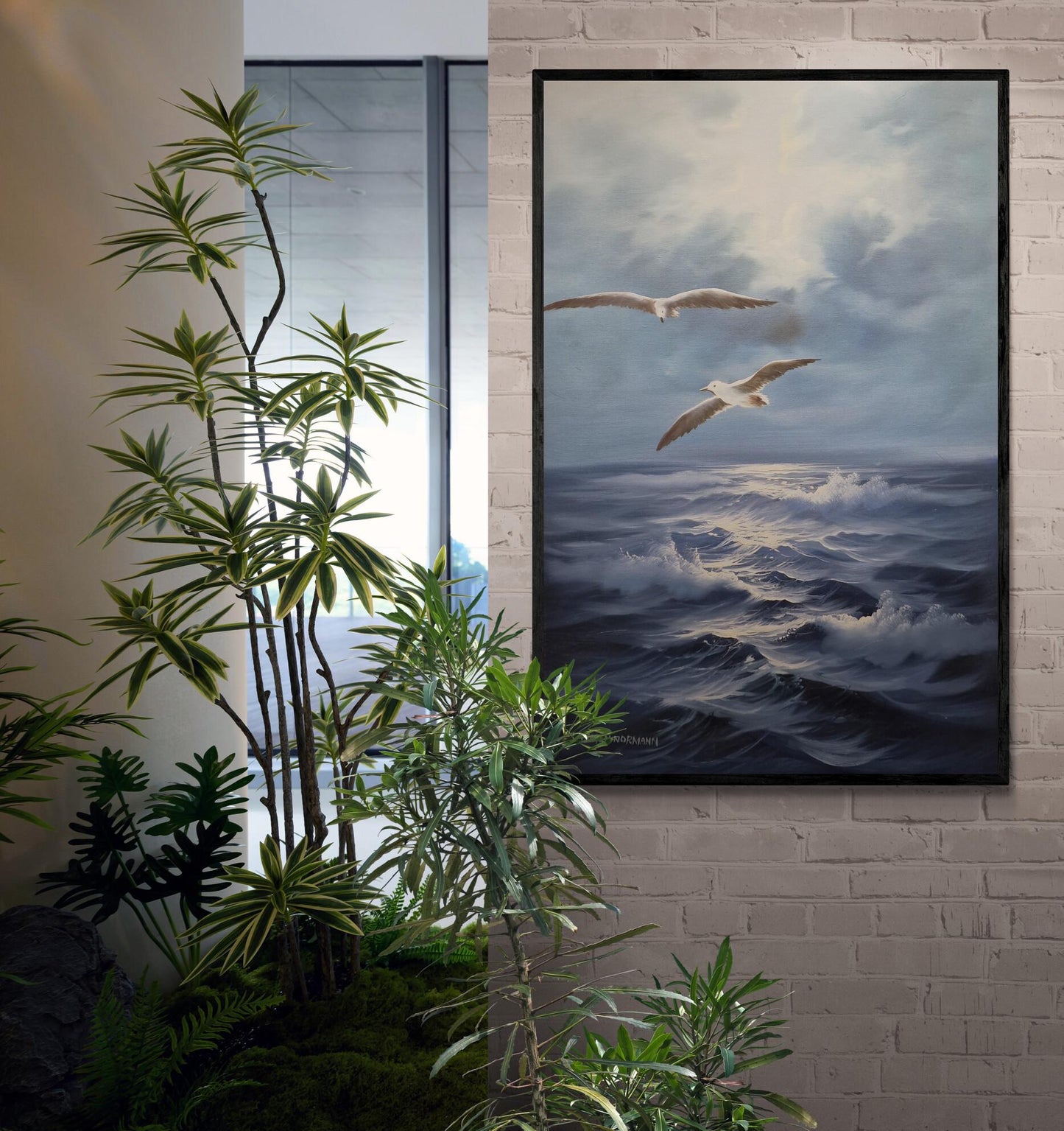 Seascape painting artful original oil painting on canvas 35.4x23.6" with black floating frame, Blue ocean and flying seagull large wall arts FOSHE ART