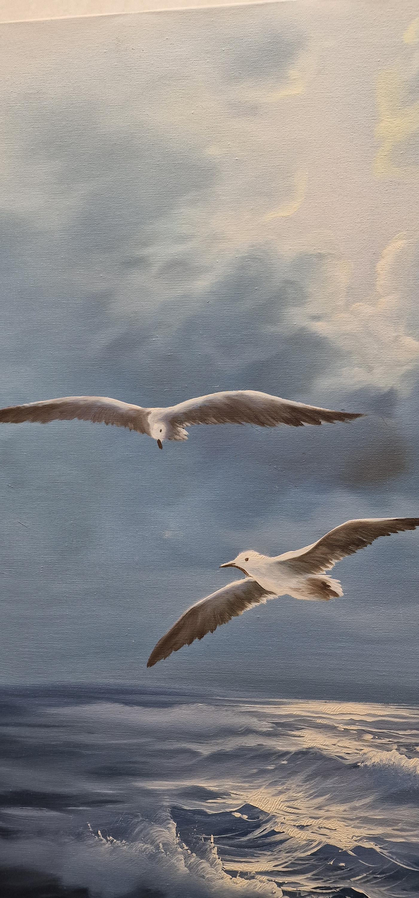 Seascape painting artful original oil painting on canvas 35.4x23.6" with black floating frame, Blue ocean and flying seagull large wall arts FOSHE ART