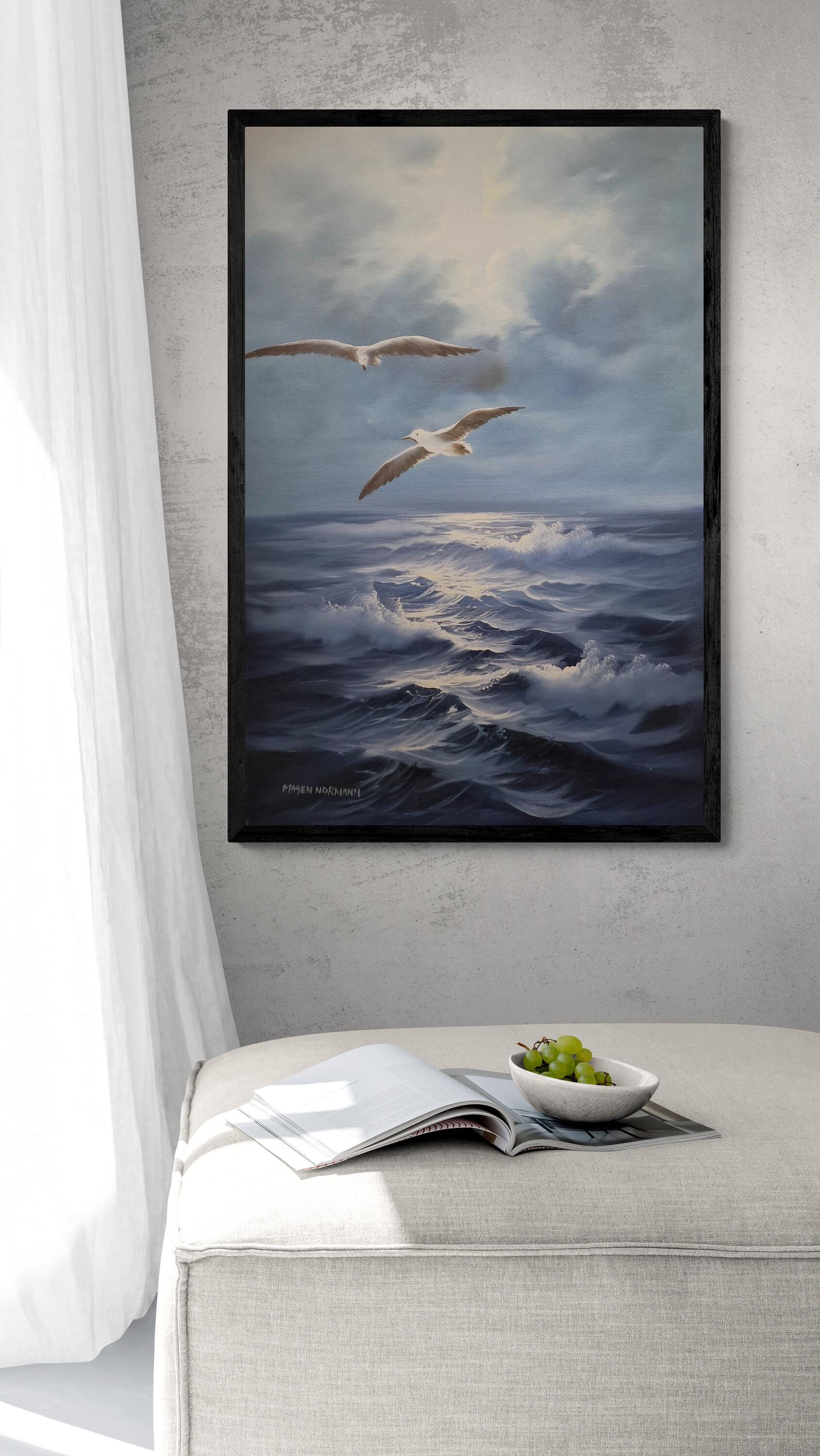 Seascape painting artful original oil painting on canvas 35.4x23.6" with black floating frame, Blue ocean and flying seagull large wall arts FOSHE ART