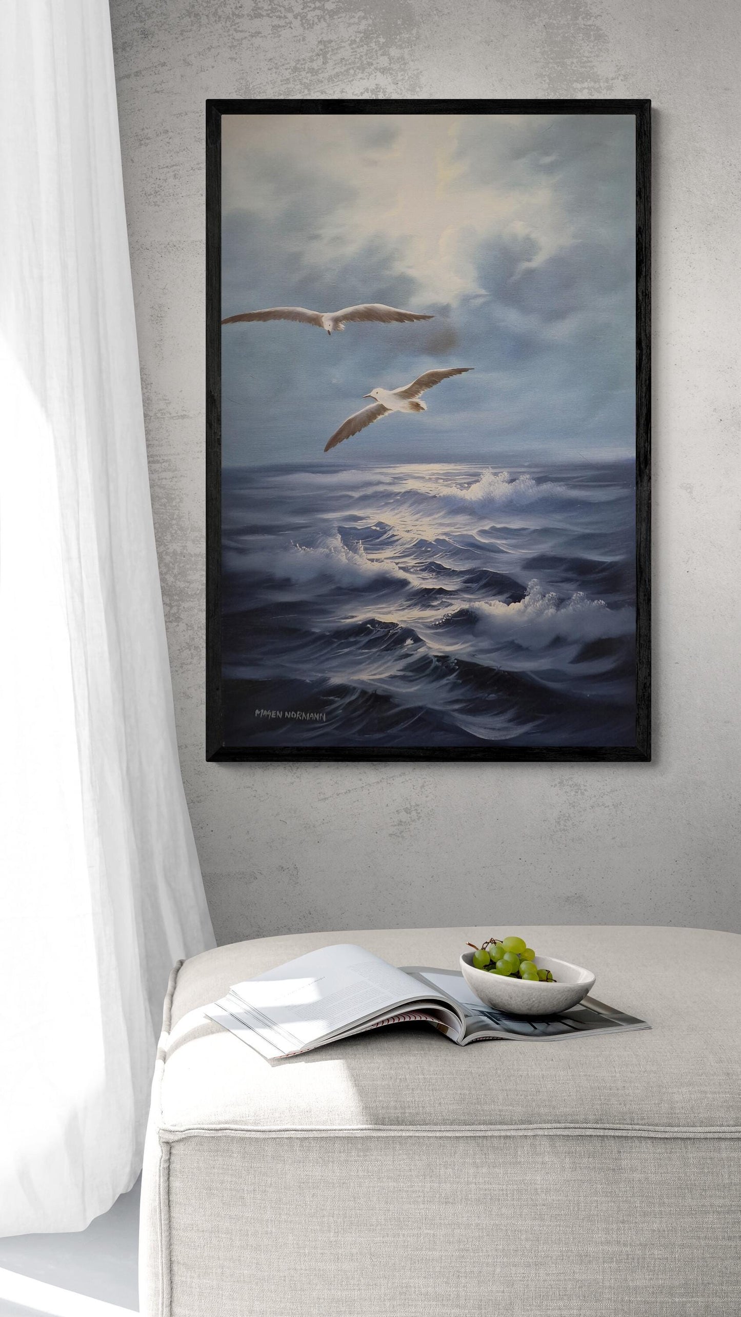 Seascape painting artful original oil painting on canvas 35.4x23.6" with black floating frame, Blue ocean and flying seagull large wall arts FOSHE ART