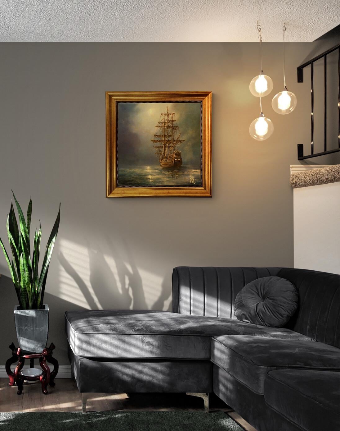 Ship at Night Canvas Print: Vintage Golden Frame, Textured Brushstrokes FOSHE ART