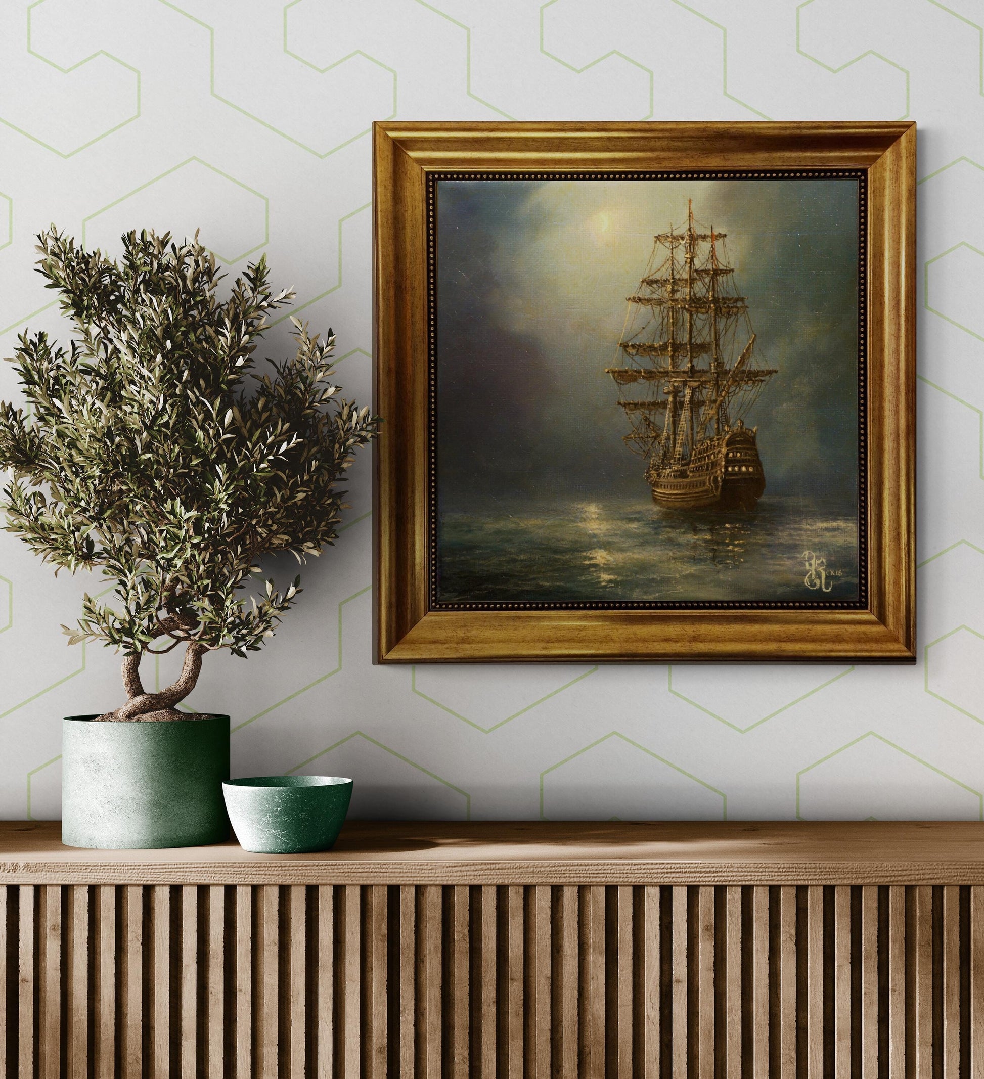 Mystic Voyage: Ship at Night, Gliclée canvas hand finished premium print with brush strokes and golden vintageous frame looks like original FOSHE ART