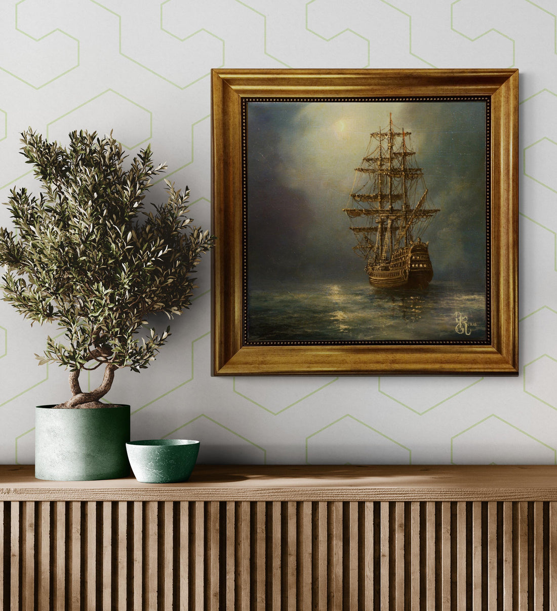 Ship at Night Canvas Print: Vintage Golden Frame, Textured Brushstrokes FOSHE ART