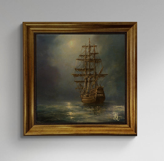 Mystic Voyage: Ship at Night, Gliclée canvas hand finished premium print with brush strokes and golden vintageous frame looks like original FOSHE ART